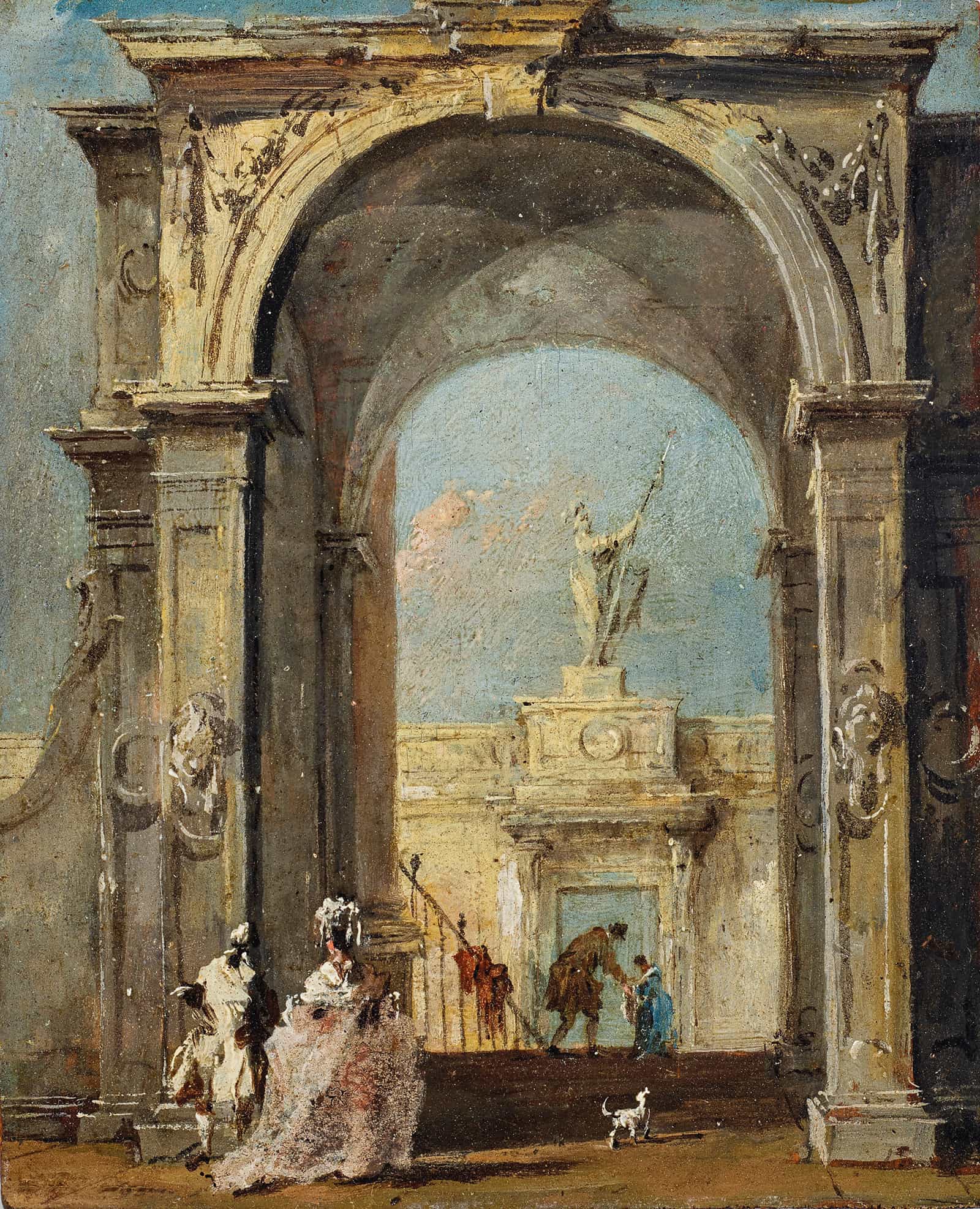 An Architectural Capriccio With Elegantly Dressed Figures And A Dog At The Entrance To A Palace by Francesco Guardi