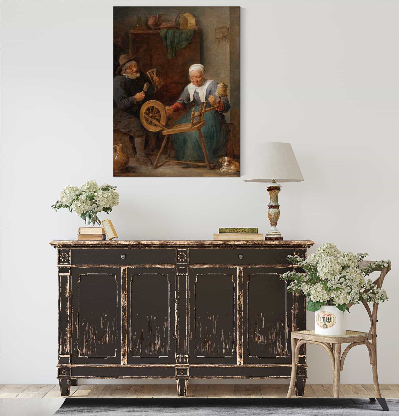An Elderly Couple Spinning Wool In An Interior by David Teniers The Younger