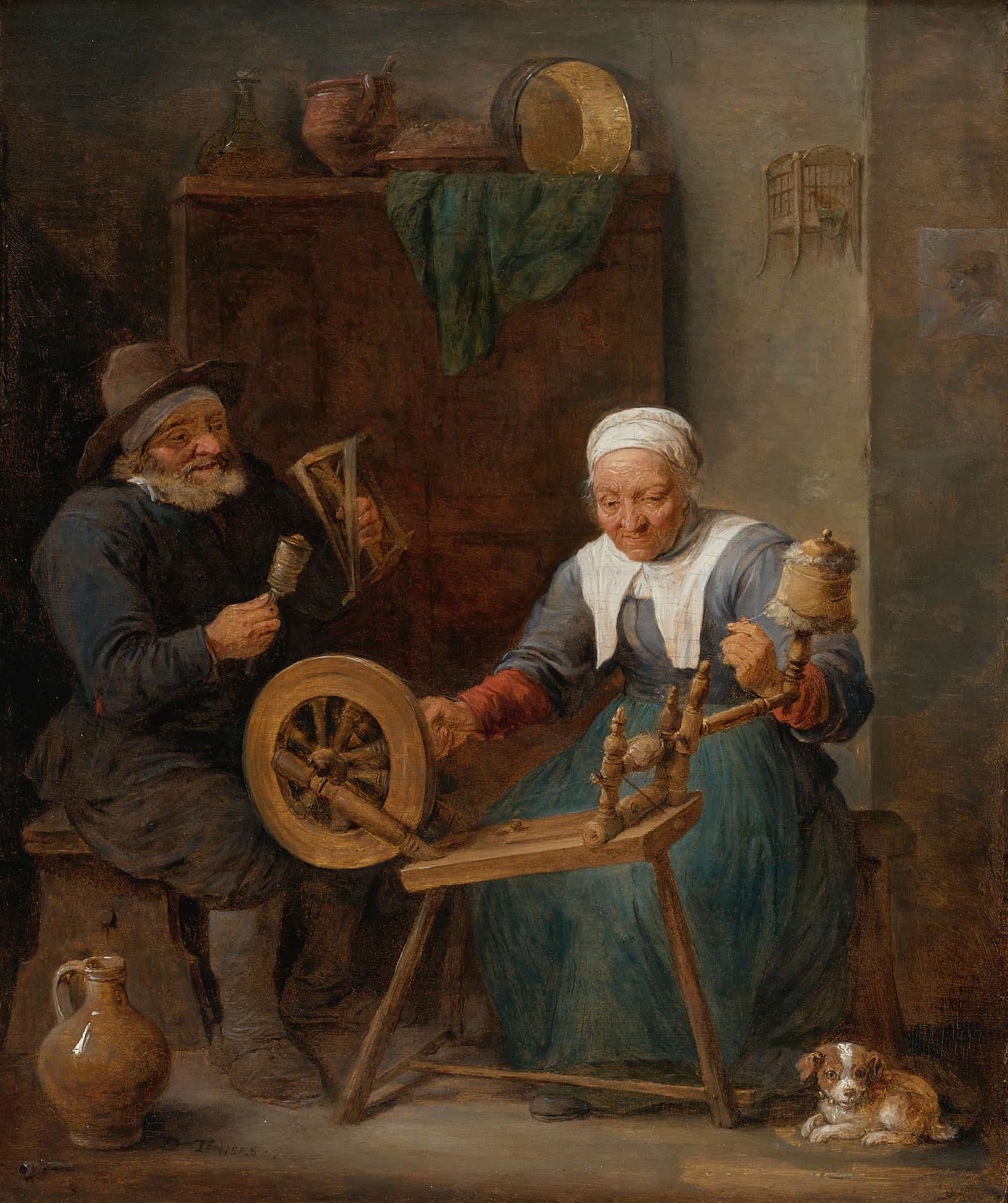 An Elderly Couple Spinning Wool In An Interior by David Teniers The Younger