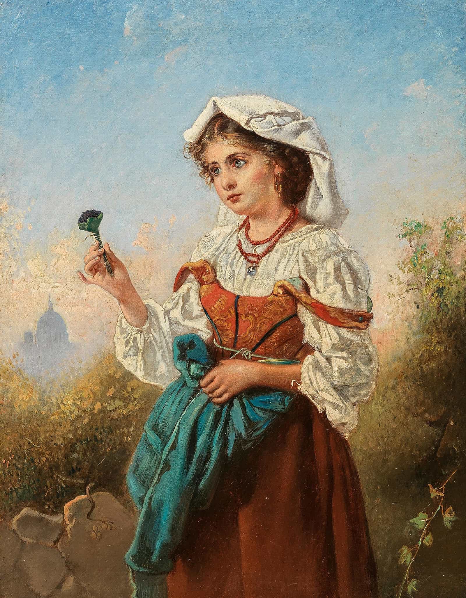 An Italian Violet Seller With Rome In The Background by Anton Romako