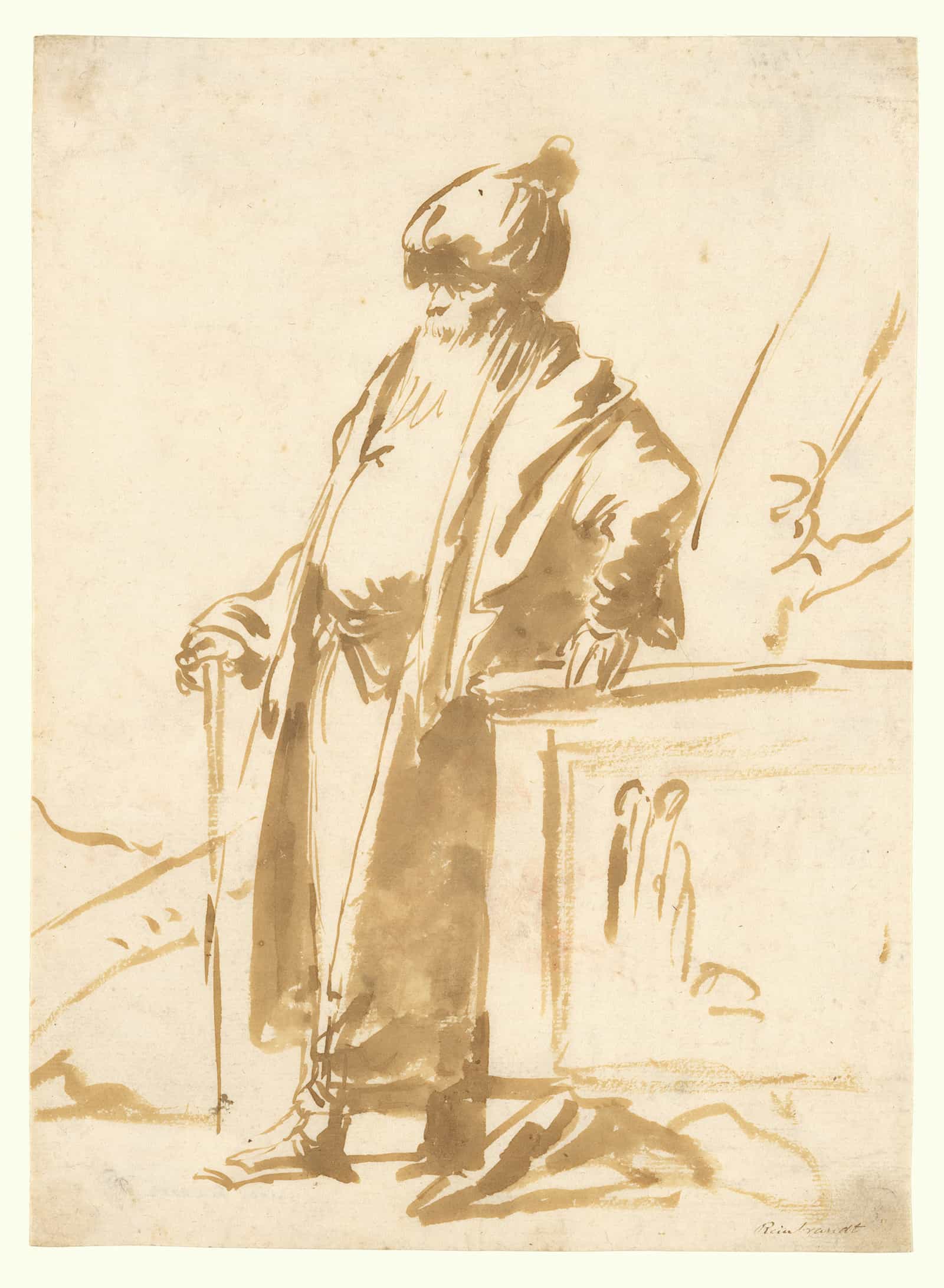 An Old Man In Oriental Dress Standing By A Pagan Altar Mid Th Early Th Century by Giovanni Domenico Tiepolo