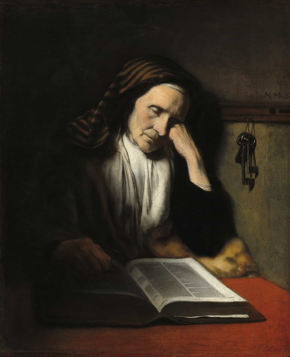 An Old Woman Dozing Over A Book by Nicolaes Maes
