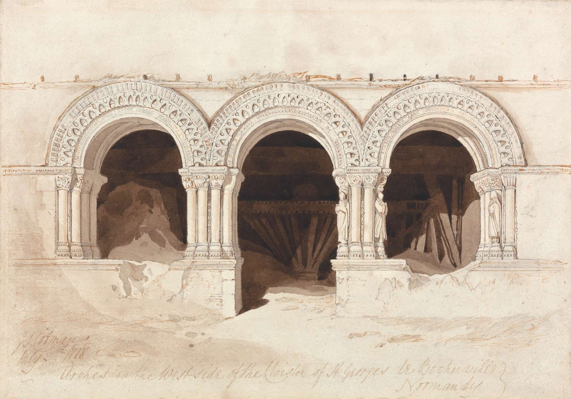 Arches In The West Side Of The Cloister Of Saint Georges De Bocherville Near Rouen Normandy by John Sell Cotman