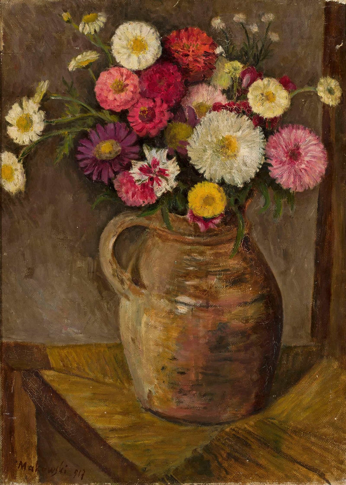 Asters And Zinnias In A Clay Jug by Tadeusz Makowski