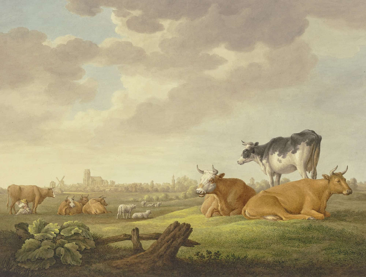 Auf Einer Wiese Kuhe Und Schafe In Der Ferne Eine Stadt Links Eine Melkerin by Aelbert Cuyp