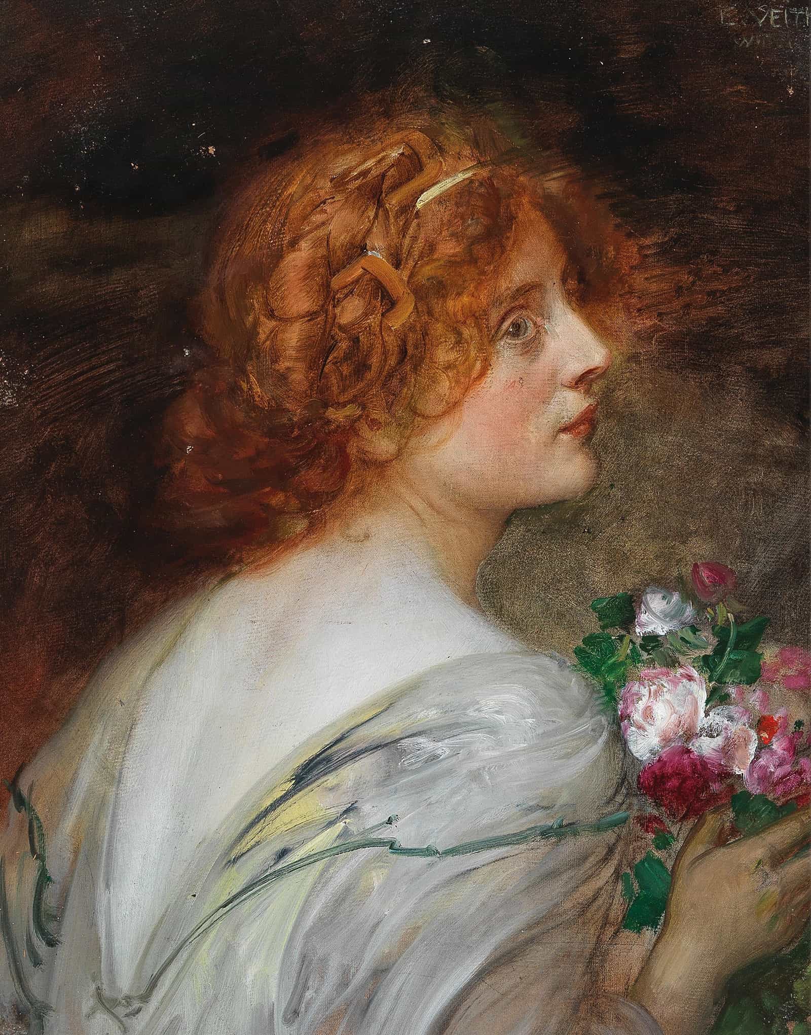 Back View Of A Young Woman In Profile With A Bouquet Of Roses In Her Hands by Eduard Veith