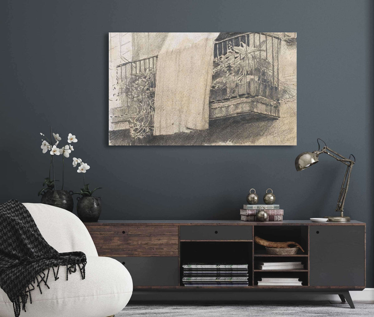 Balcony With Flowers And Curtain by Santiago Rusinol