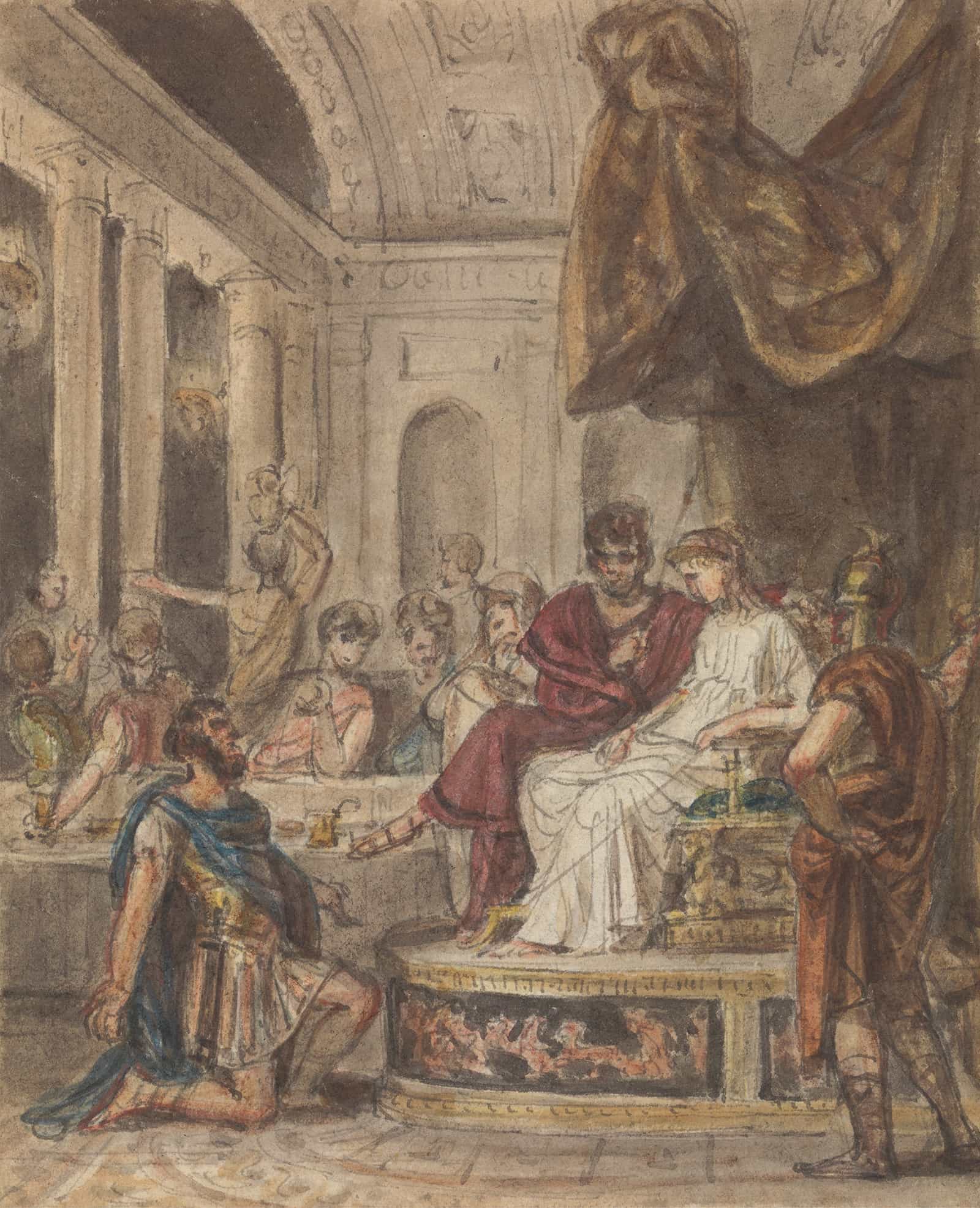 Banquet Scene With A Roman Soldier Kneeling To A Famale Figure Sitting On A Throne by Robert Smirke