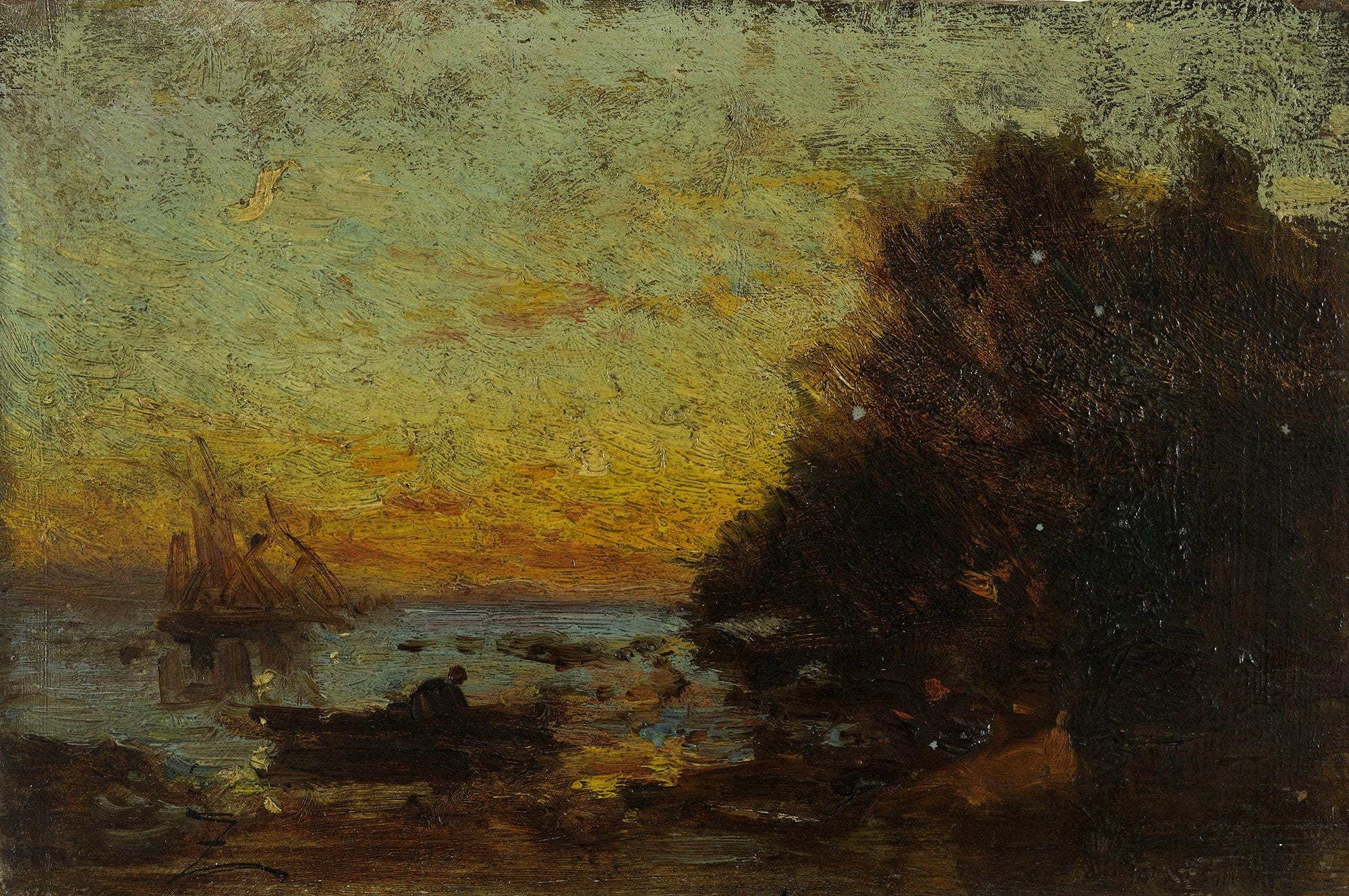 Barque Et Voiliers Coucher De Soleil Au Revers Marine by Felix Ziem