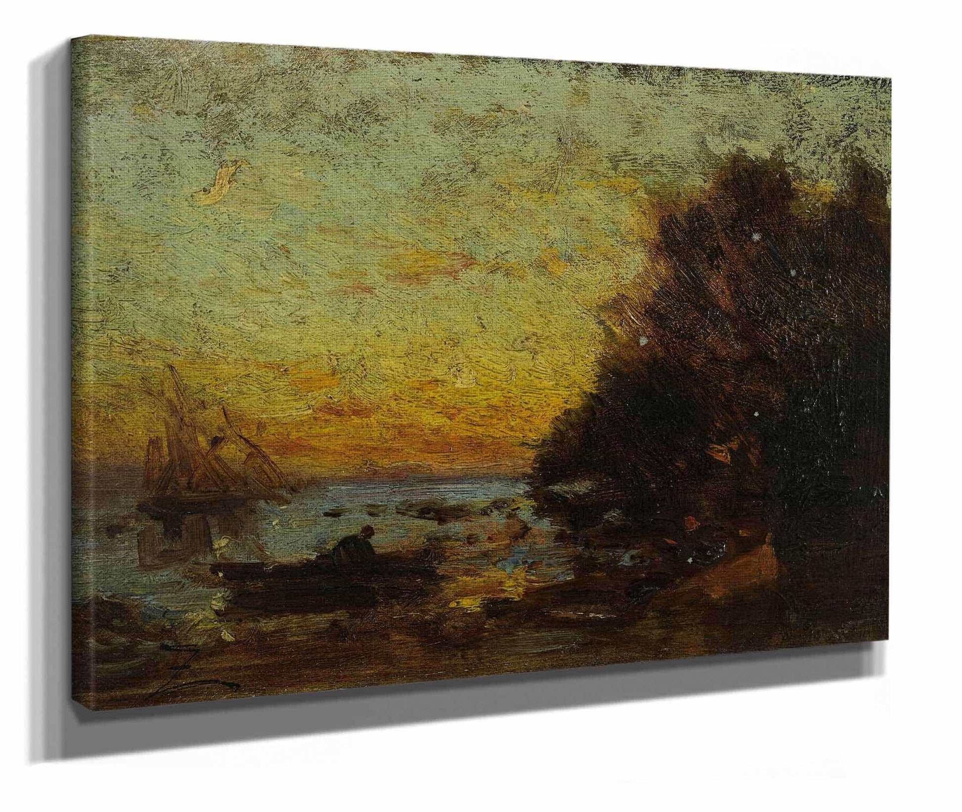 Barque Et Voiliers Coucher De Soleil Au Revers Marine by Felix Ziem