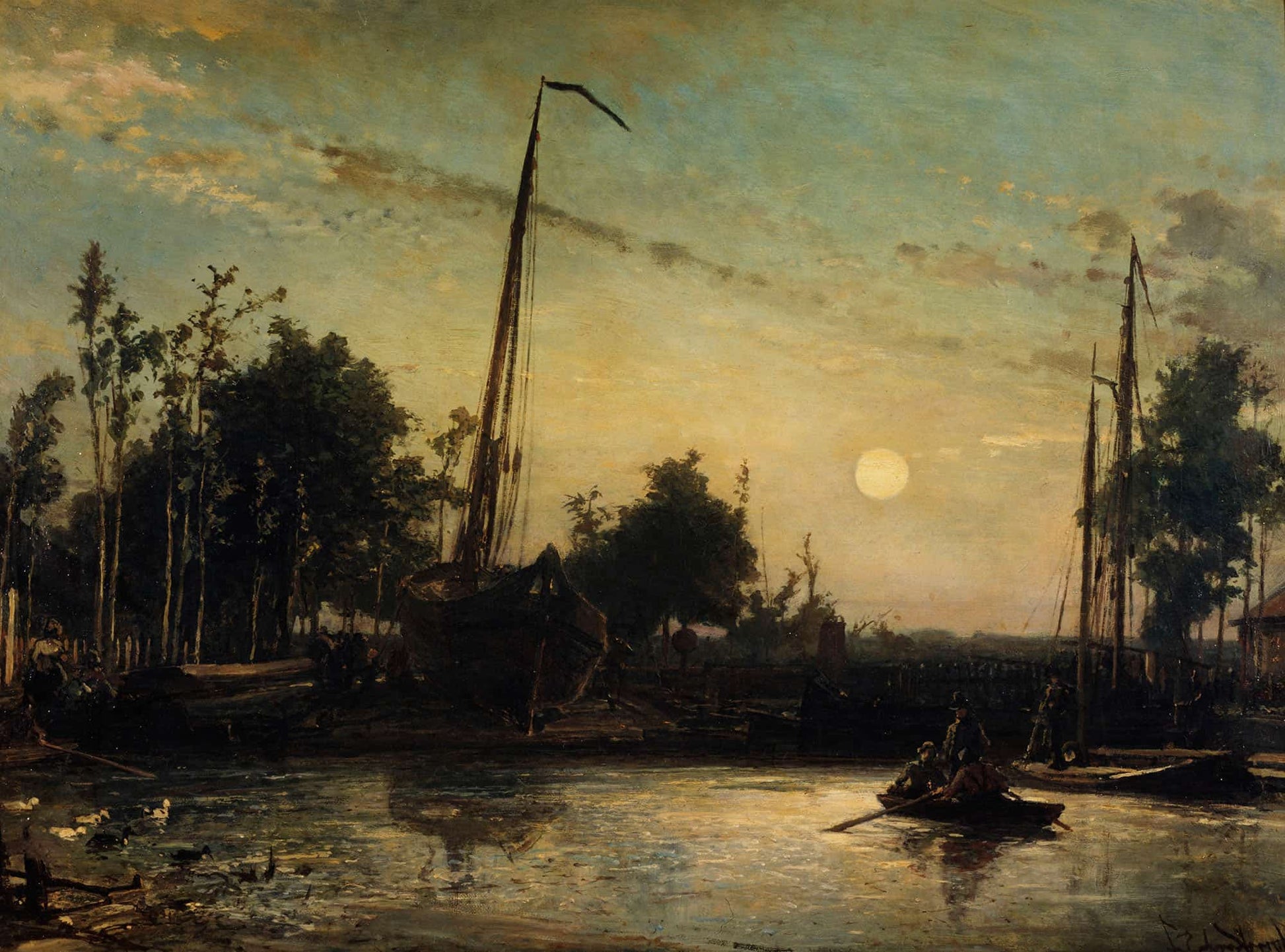 Bateau En Construction En Bord De Canal Paysage Hollandais by Johan Barthold Jongkind
