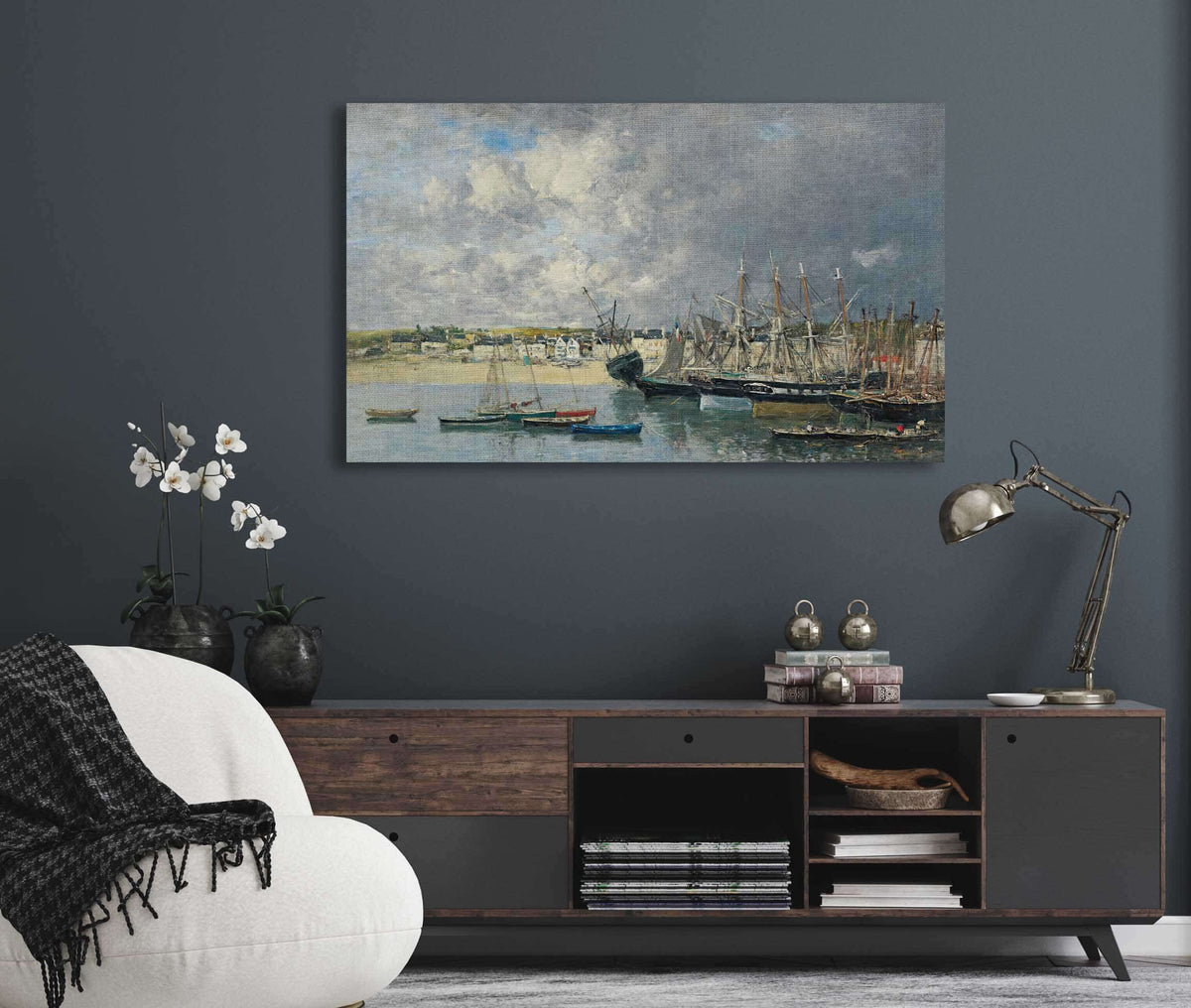 Bateaux A Lancre Dans Le Port Portrieux by Eugene Boudin