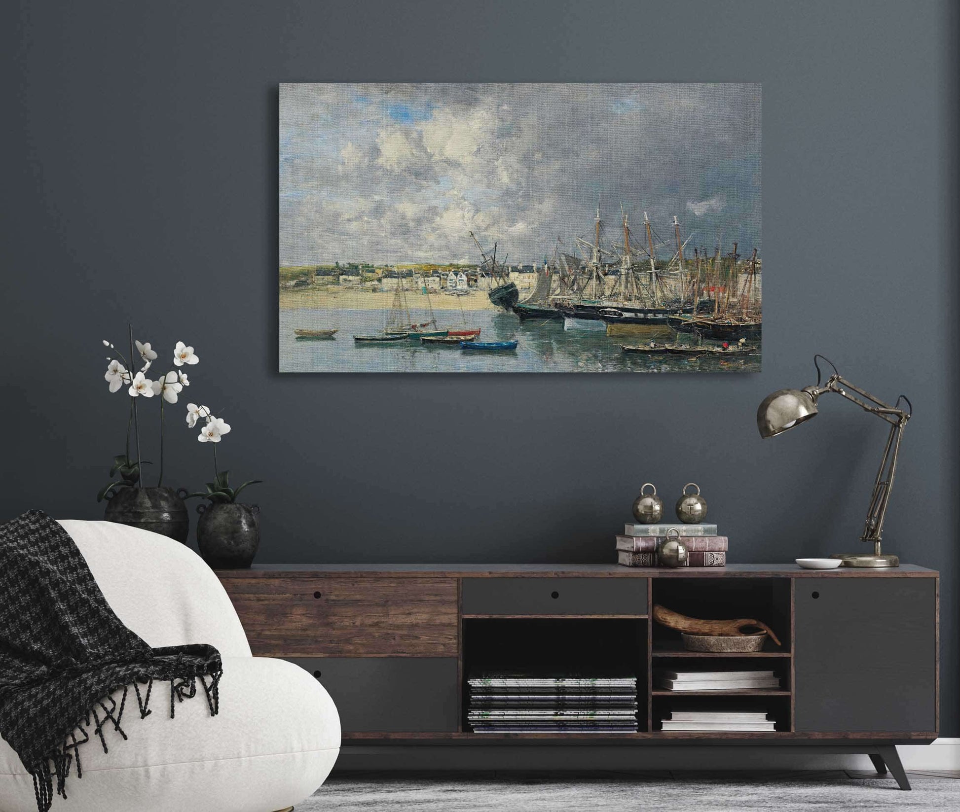 Bateaux A Lancre Dans Le Port Portrieux by Eugene Boudin