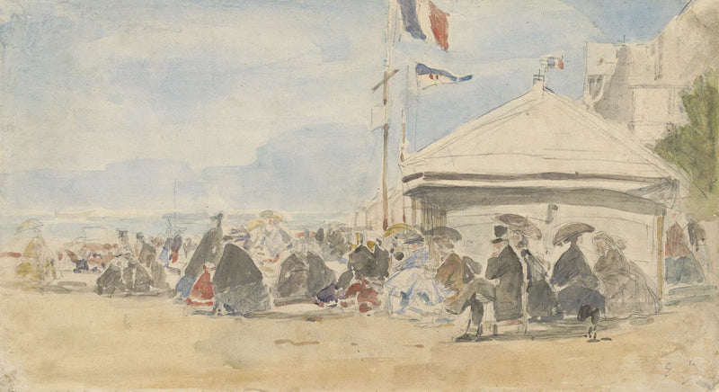 Beach House With Flags At Trouville by Eugene Boudin