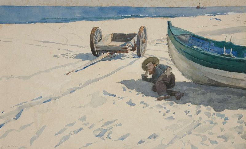Beach Scene With Man Resting In Shadow Of Boat by Edwin Austin Abbey