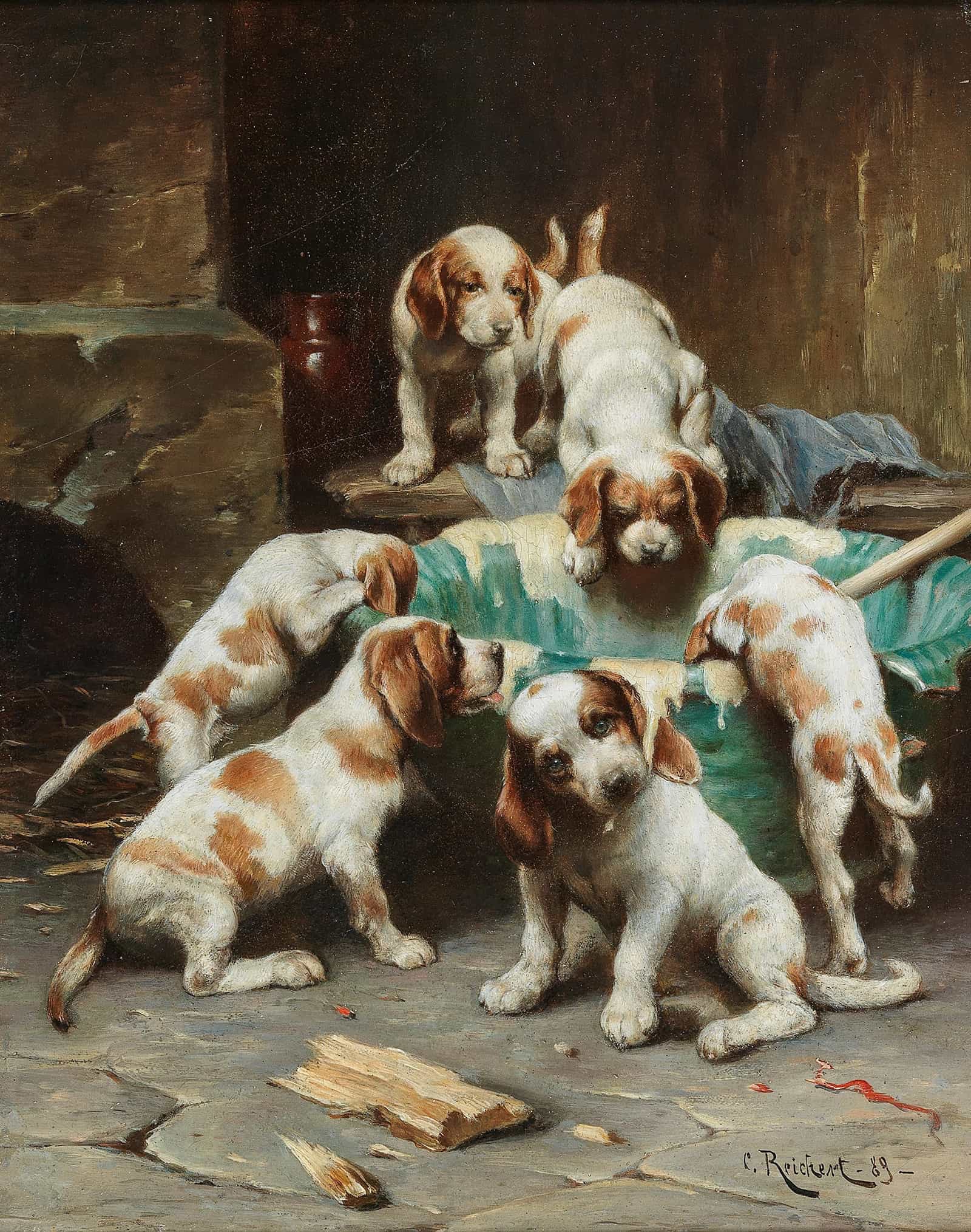Beagle Puppies Feasting by Carl Reichert