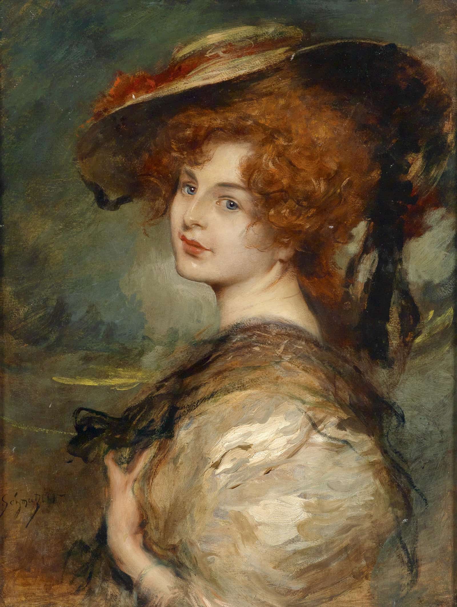 Bildnis Einer Dame Mit Rotem Haar Und Hut by Leopold Schmutzler