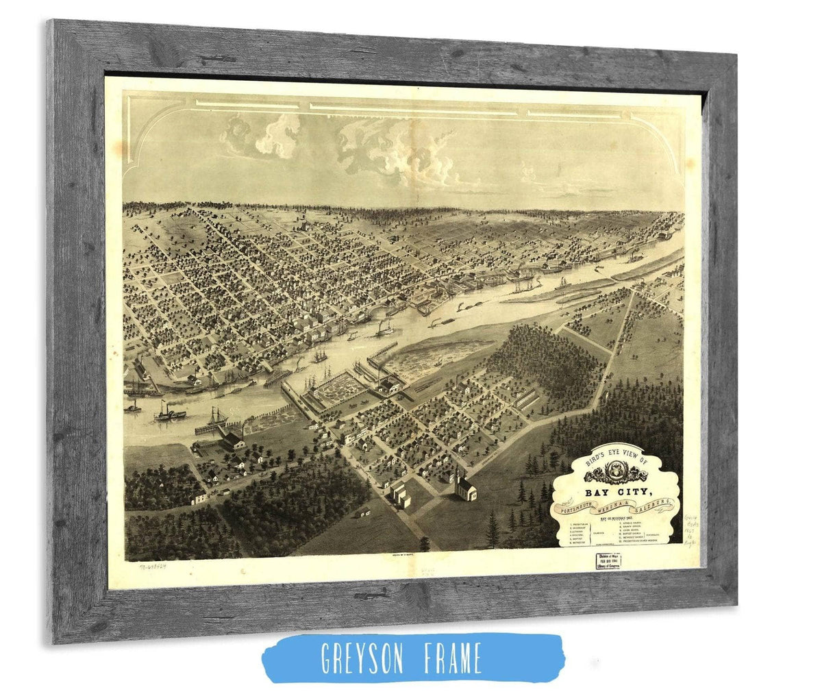 Birds Eye View Of Bay City Portsmouth Wenona & Salzburg Bay Co Michigan 1867 State of Michigan