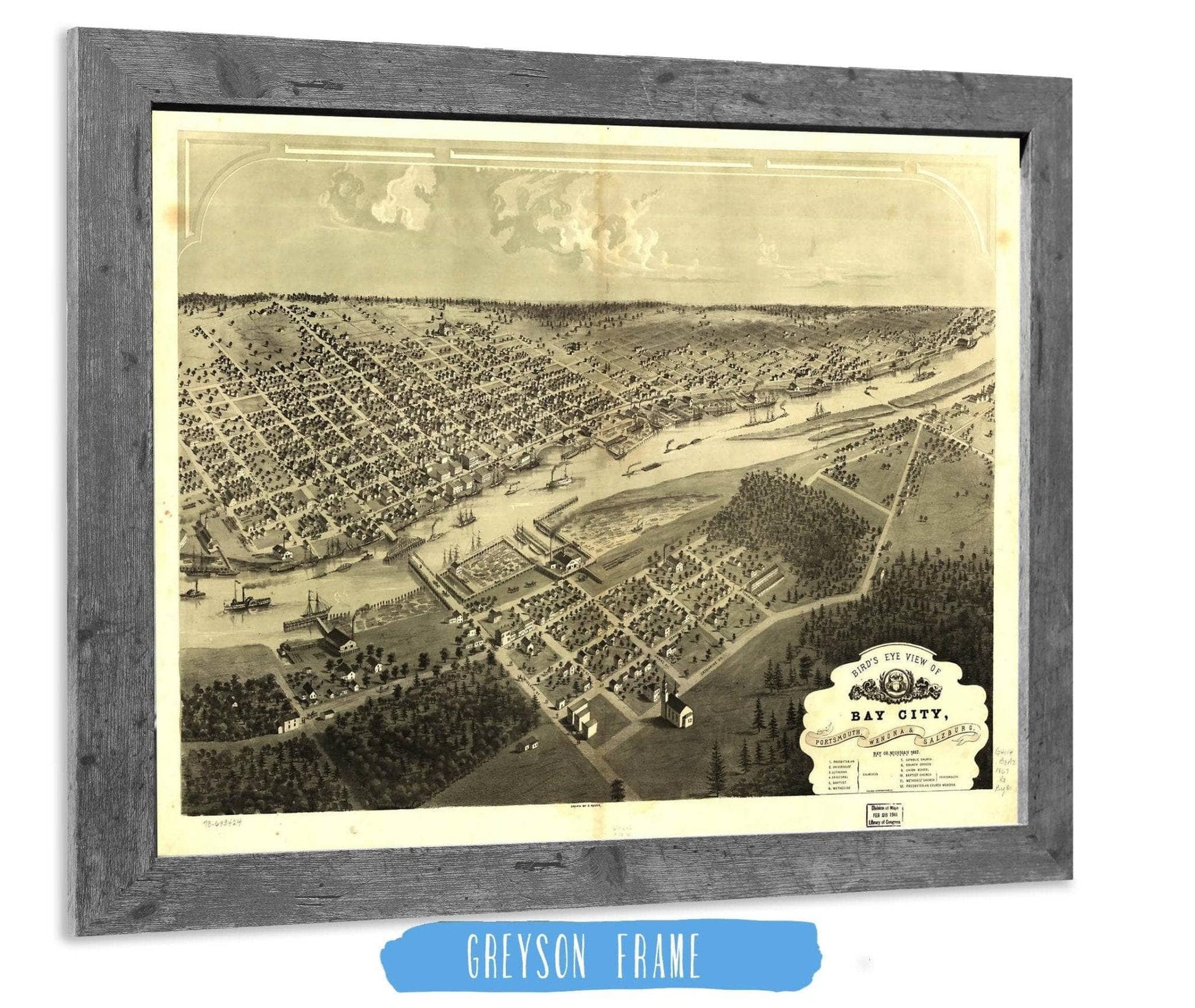 Birds Eye View Of Bay City Portsmouth Wenona & Salzburg Bay Co Michigan 1867 State of Michigan