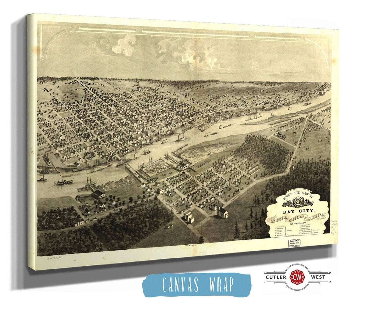 Birds Eye View Of Bay City Portsmouth Wenona & Salzburg Bay Co Michigan 1867 State of Michigan