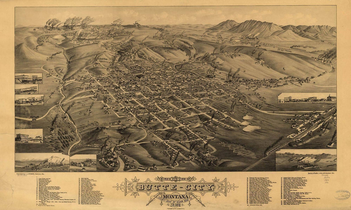 Birds Eye View Of Butte City Montana County Seat Of Silver Bow Co 1884  State Of Montana