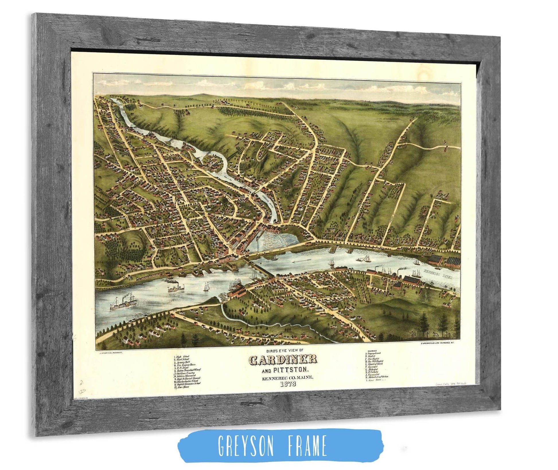 Birds Eye View Of Gardiner And Pittston Kennebec Co Maine 1878 State of Maine