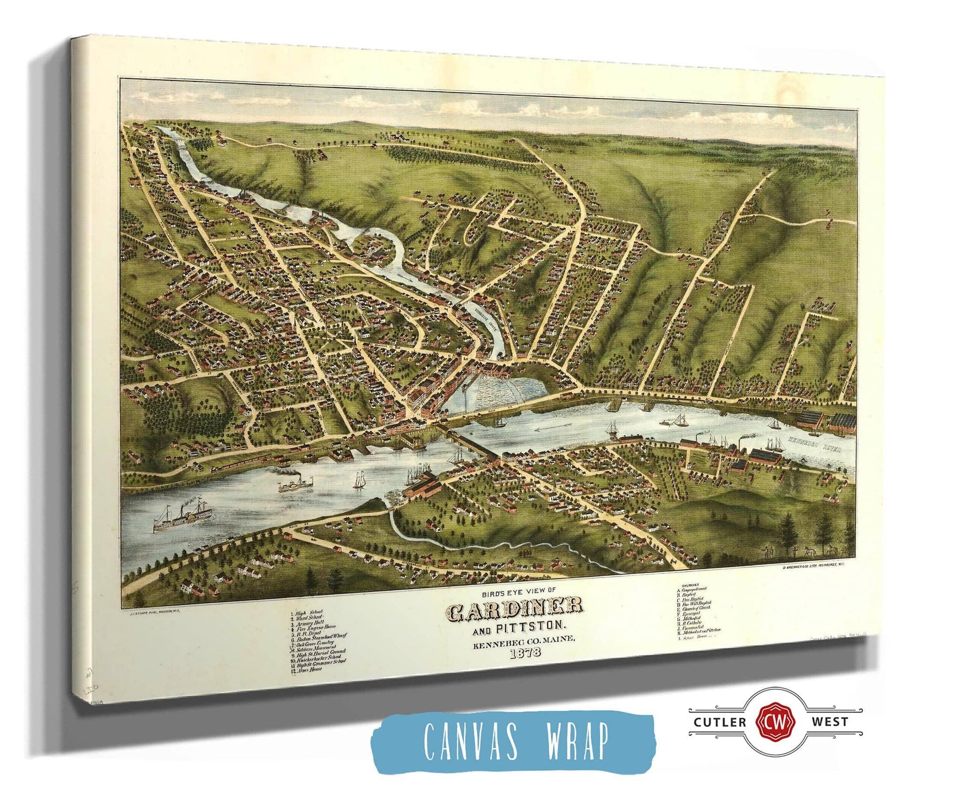 Birds Eye View Of Gardiner And Pittston Kennebec Co Maine 1878 State of Maine