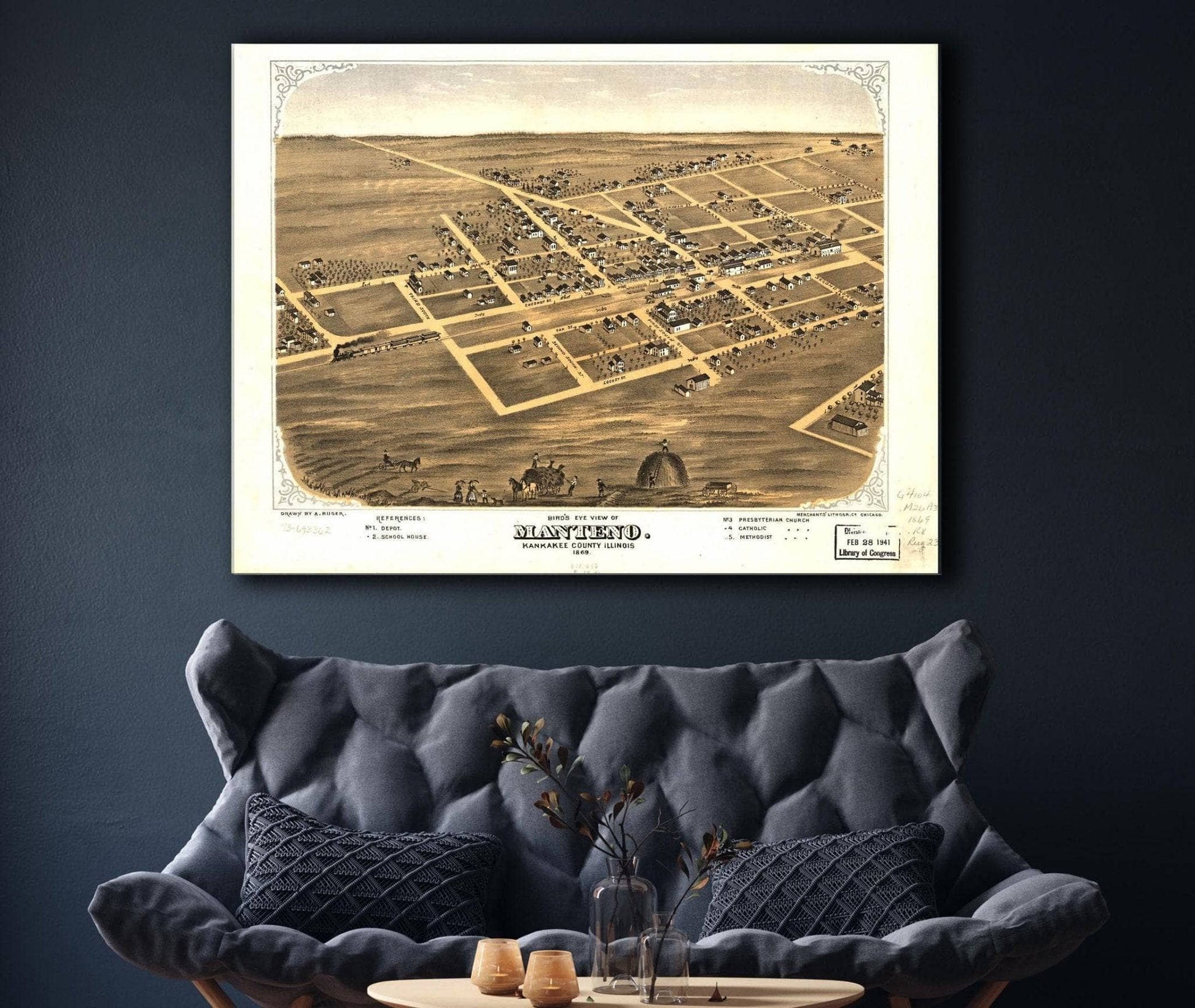 Birds Eye View Of Manteno Kankakee County Illinois 1869 State of Illinois