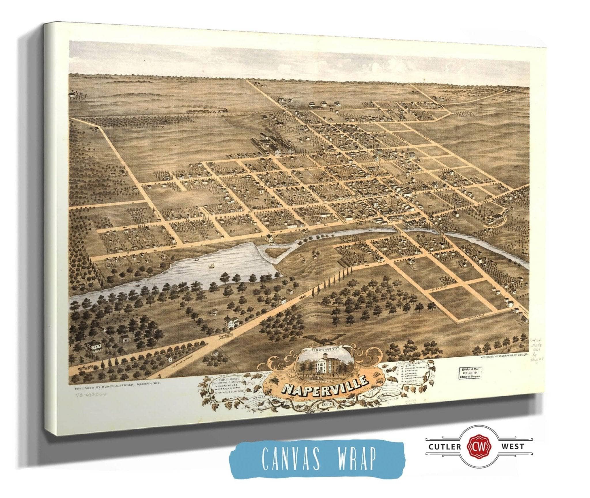Birds Eye View Of Naperville Dupage County Illinois 1869 State of Illinois