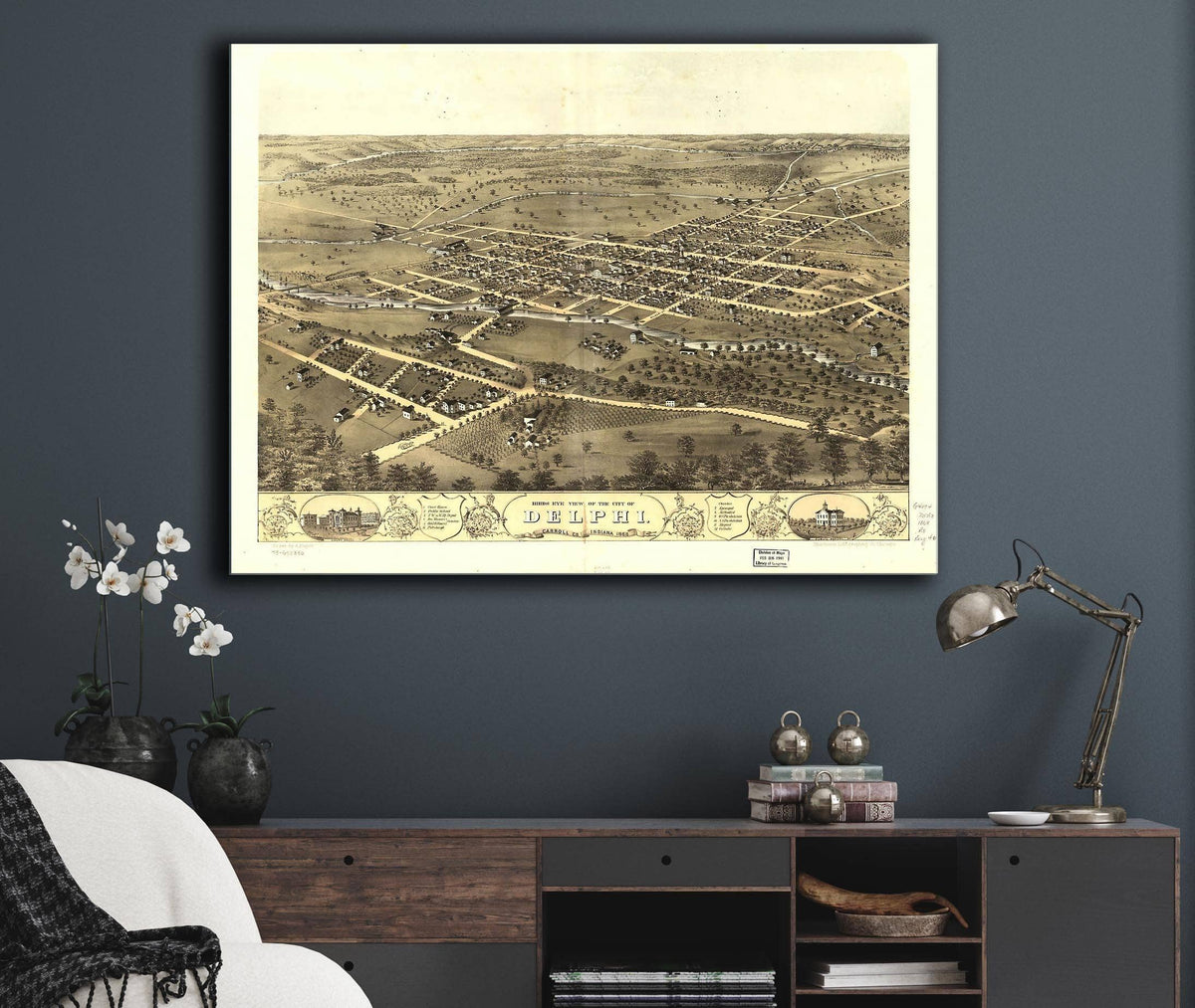 Birds Eye View Of The City Of Delphi Carroll Co Indiana 1868 State of Indiana