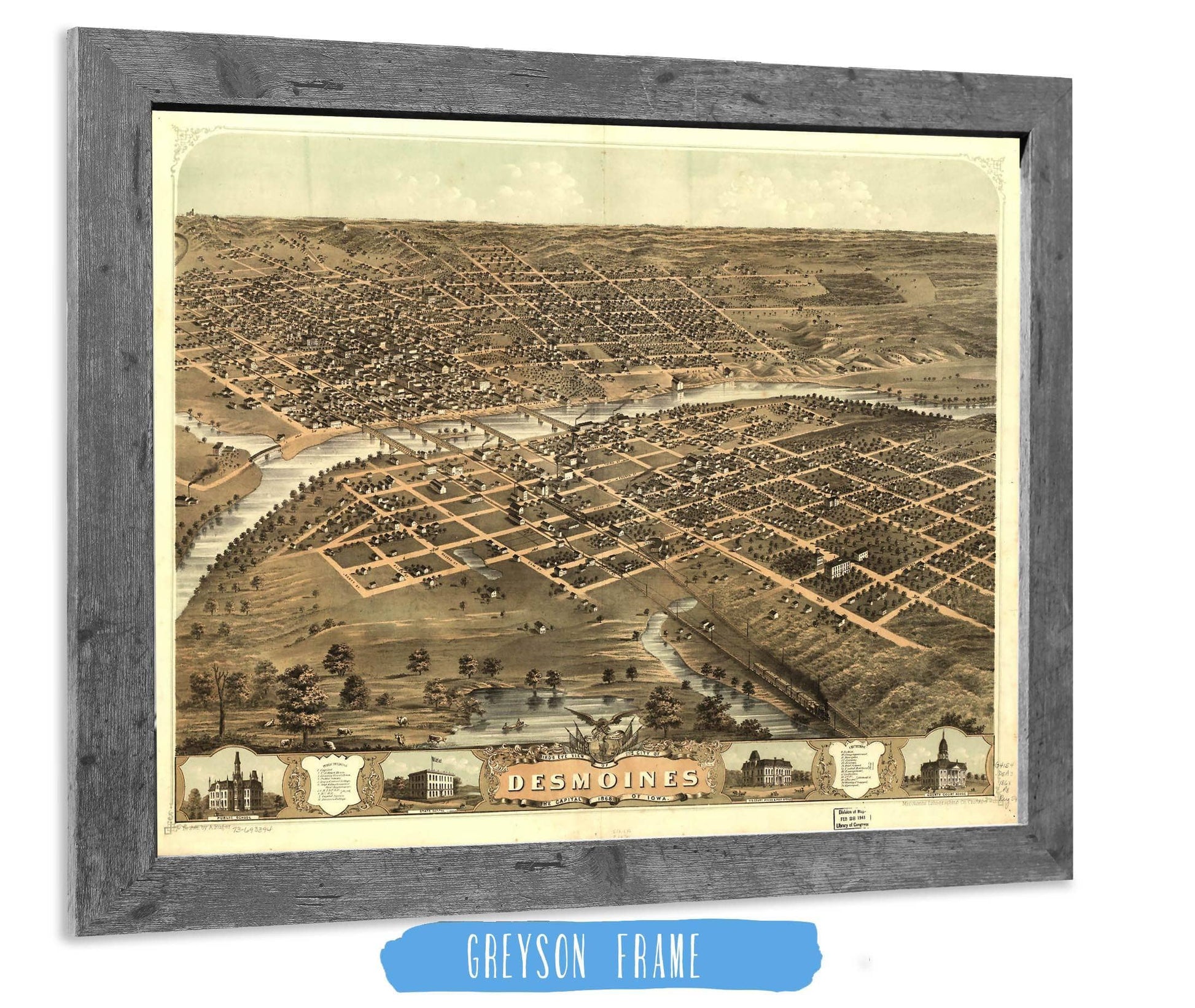 Birds Eye View Of The City Of Des Moines The Capital Of Iowa 1868 State of Iowa