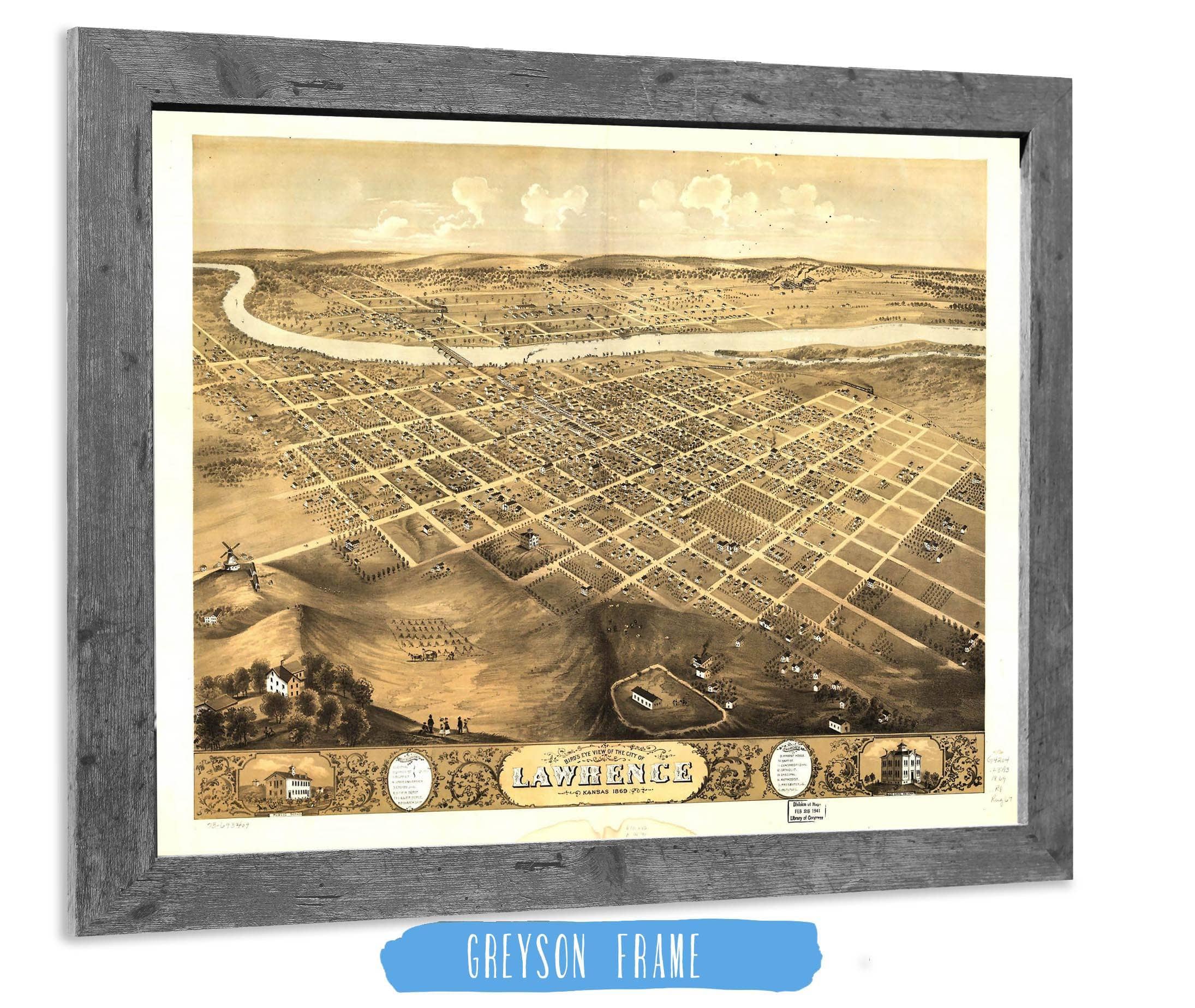 Birds Eye View Of The City Of Lawrence Kansas 1869 State of Kansas