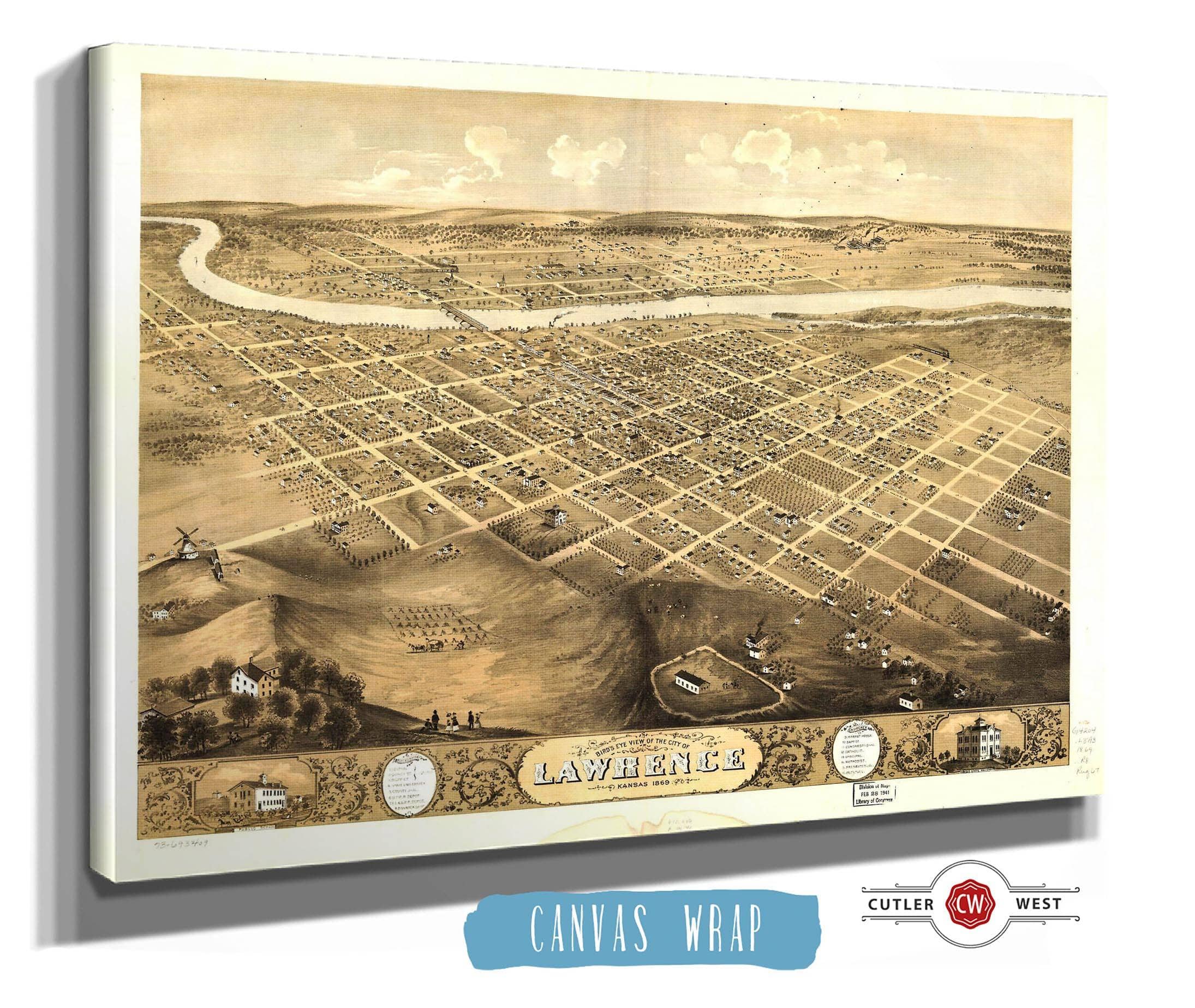 Birds Eye View Of The City Of Lawrence Kansas 1869 State of Kansas