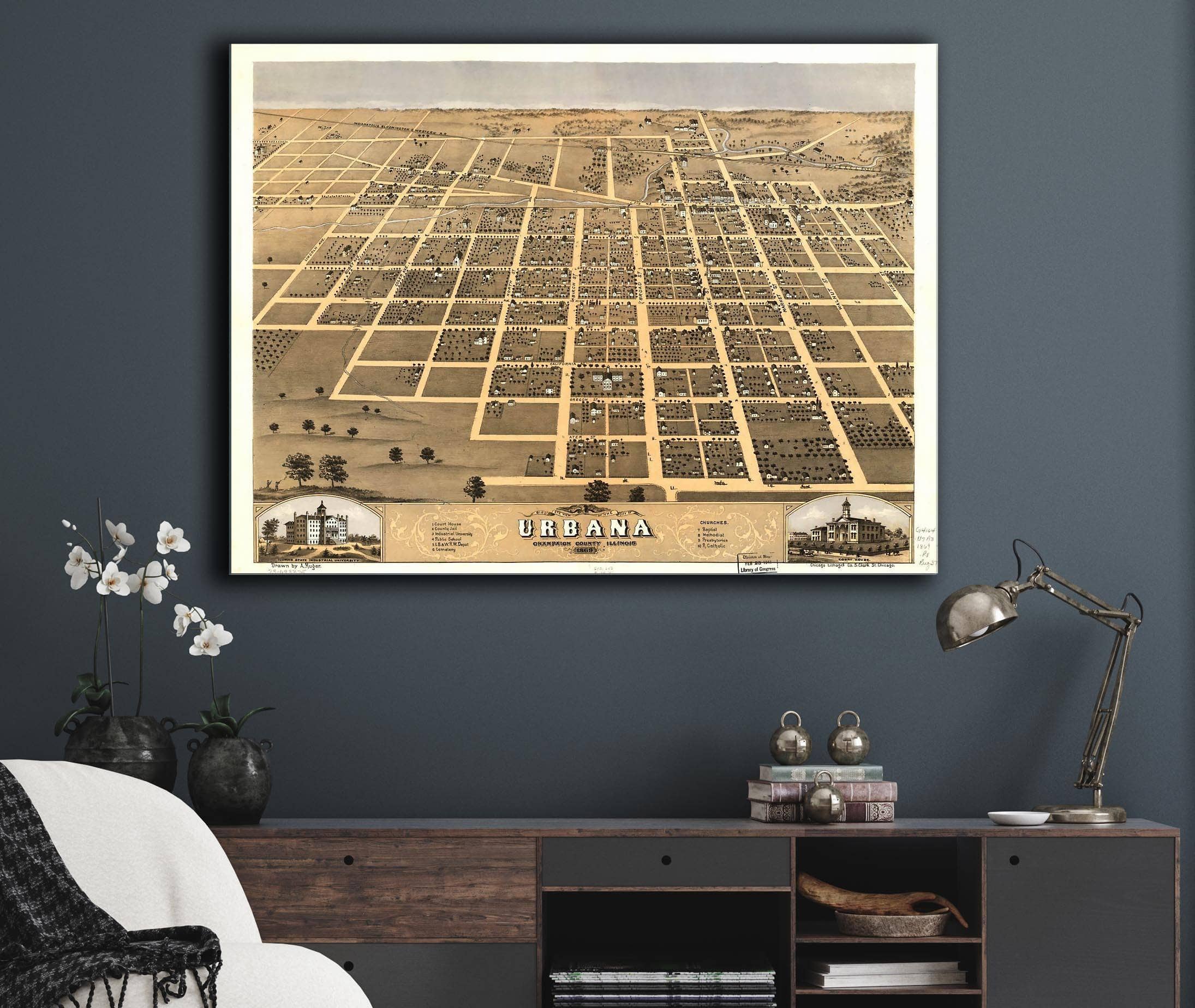 Birds Eye View Of The City Of Urbana Champaign County Illinois 1869 State of Illinois