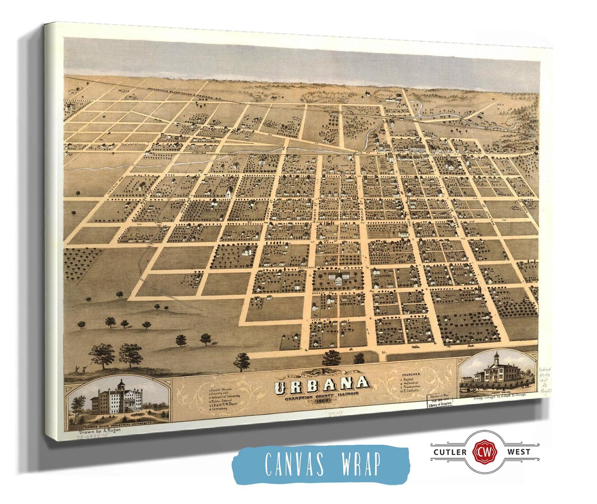 Birds Eye View Of The City Of Urbana Champaign County Illinois 1869 State of Illinois