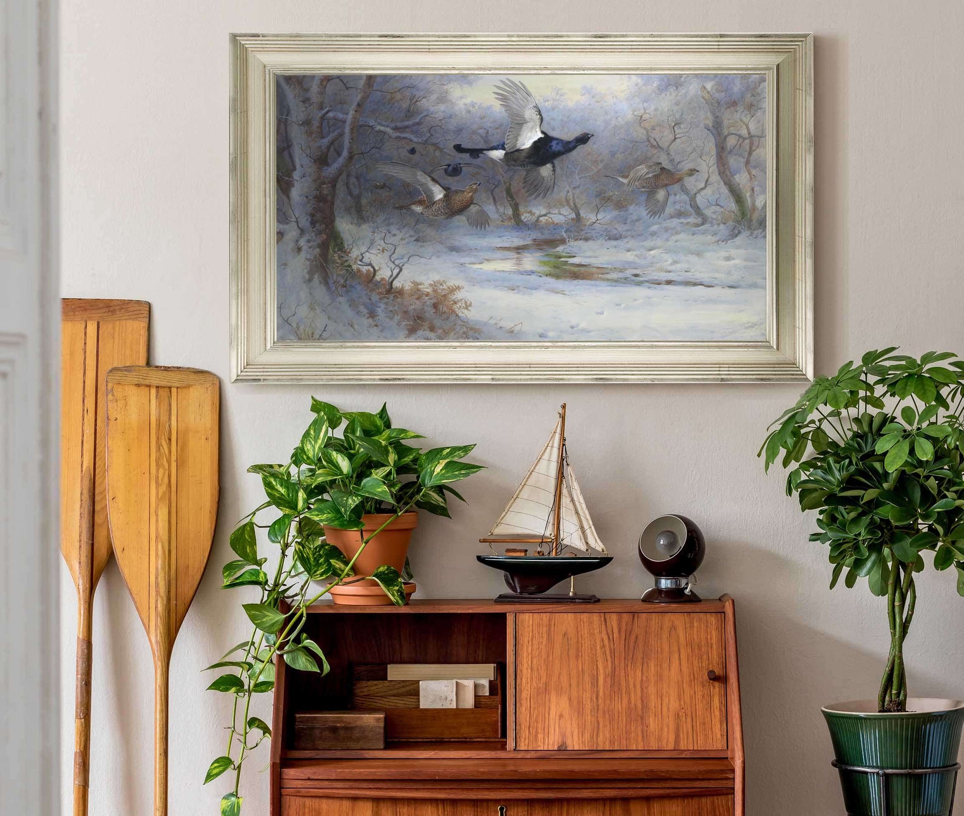 Blackcock And Grouse In Flight Winter by Archibald Thorburn