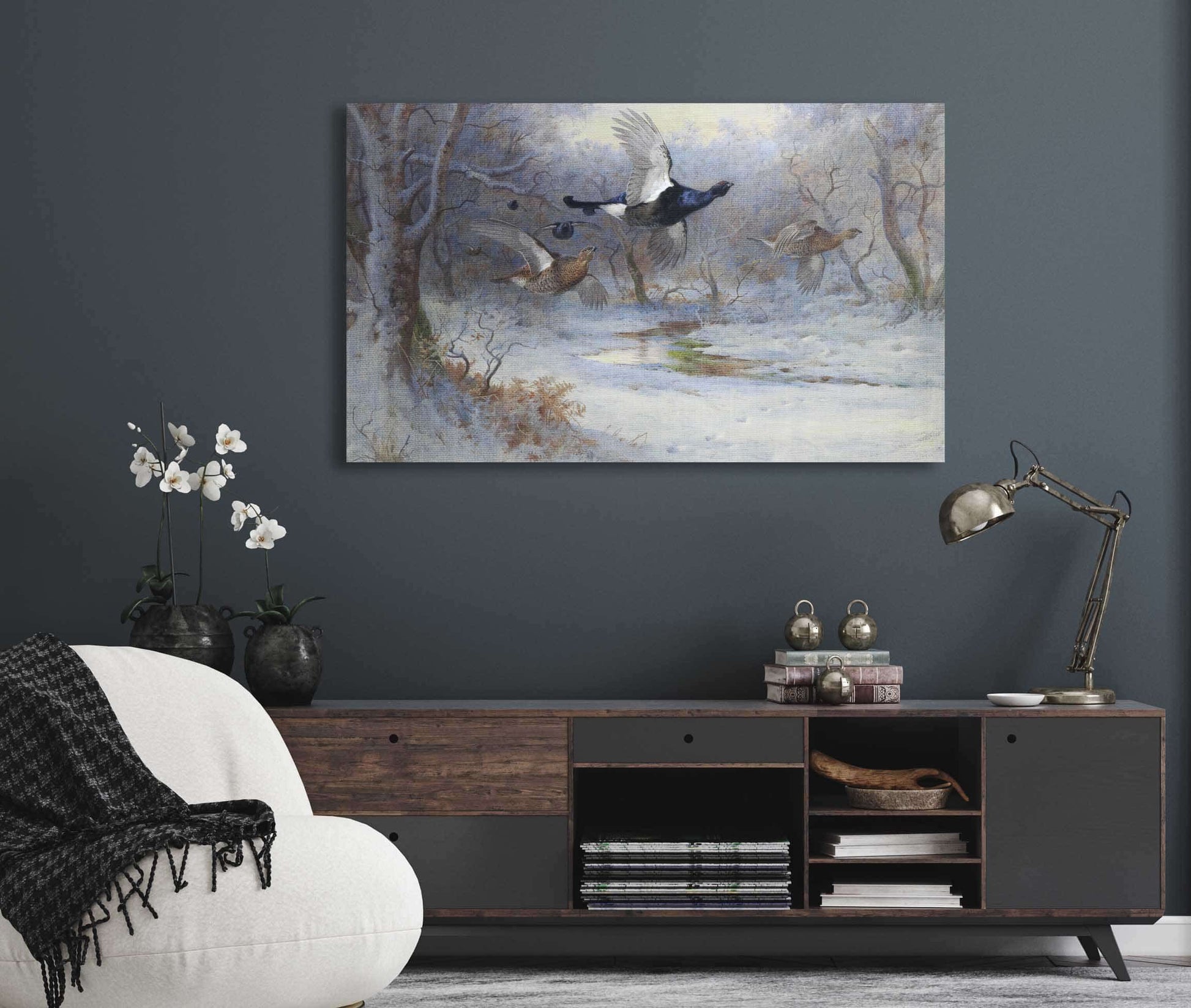 Blackcock And Grouse In Flight Winter by Archibald Thorburn