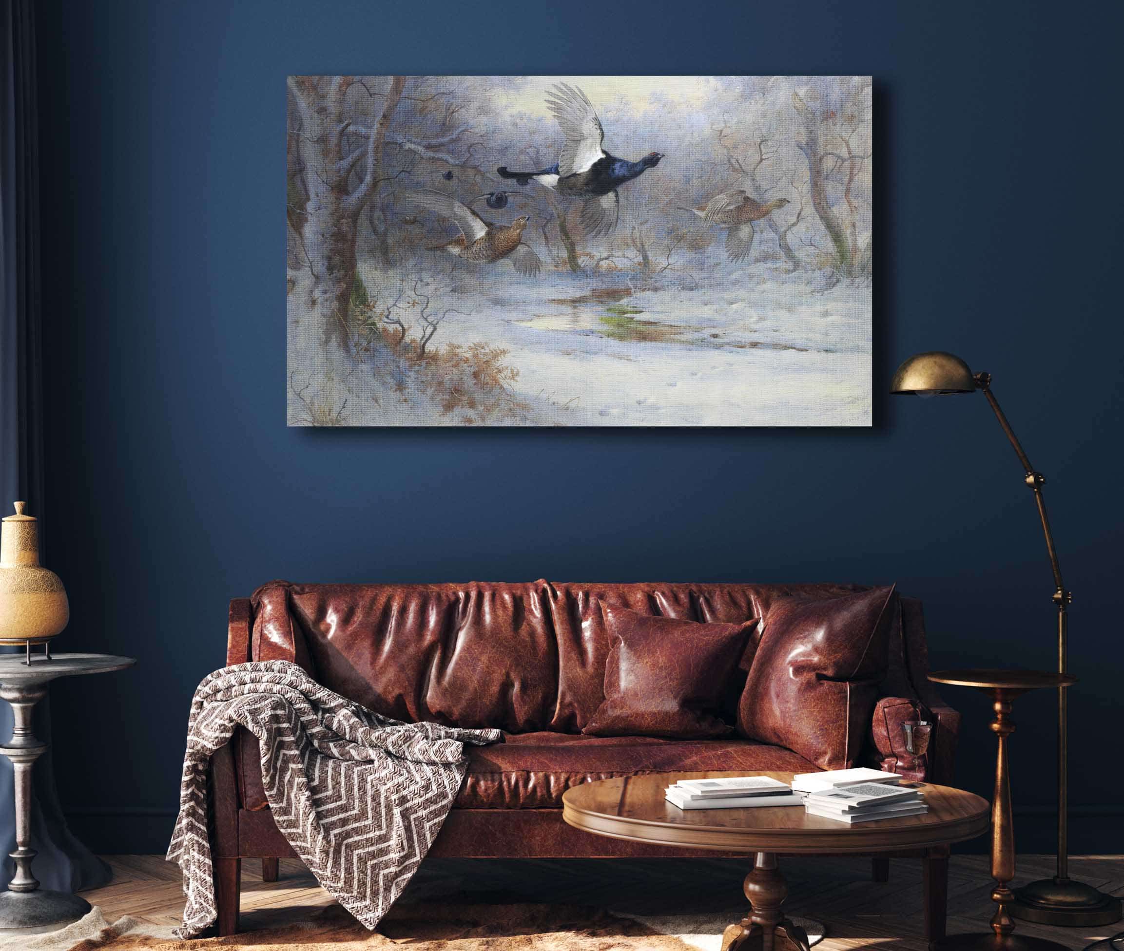 Blackcock And Grouse In Flight Winter by Archibald Thorburn