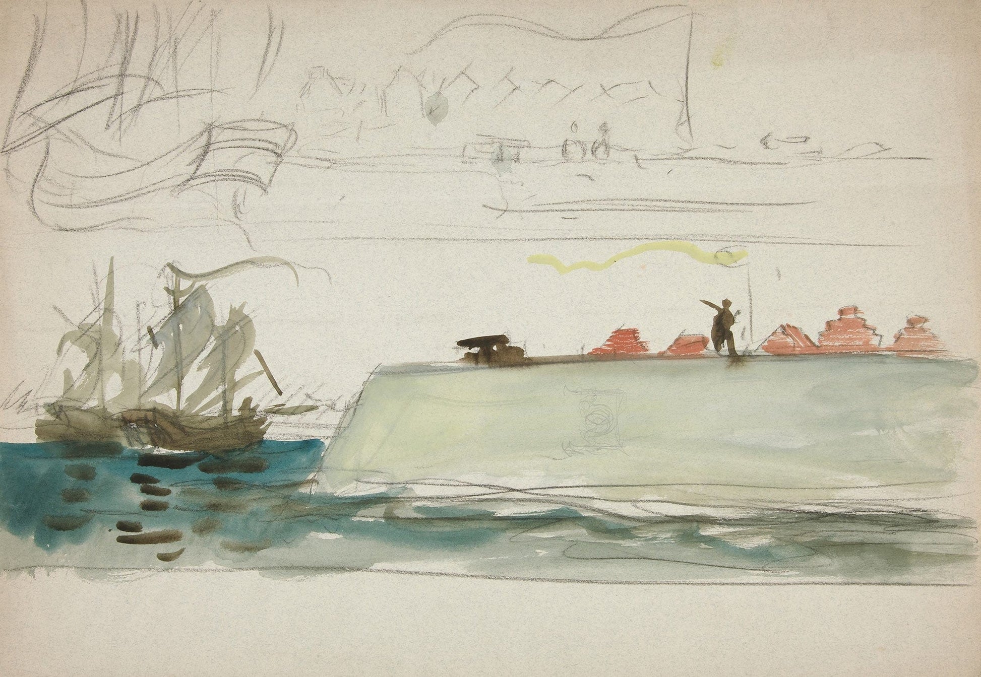 Boats At Sea Battleship Foreground Sailboat In Distance by Edwin Austin Abbey