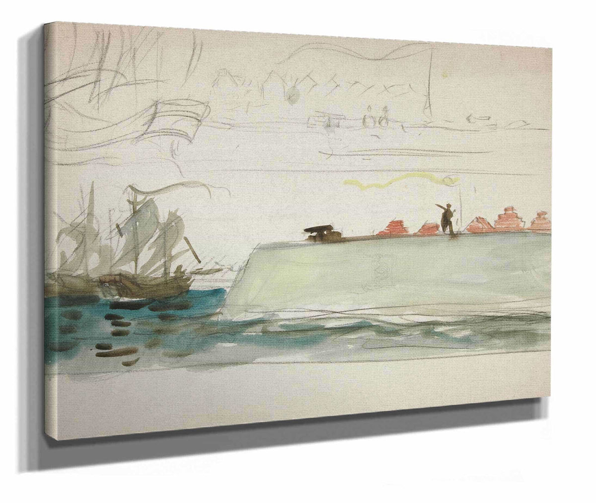 Boats At Sea Battleship Foreground Sailboat In Distance by Edwin Austin Abbey