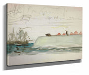 Boats At Sea Battleship Foreground Sailboat In Distance by Edwin Austin Abbey