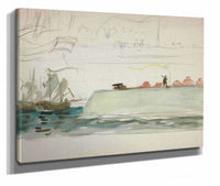 Boats At Sea Battleship Foreground Sailboat In Distance by Edwin Austin Abbey