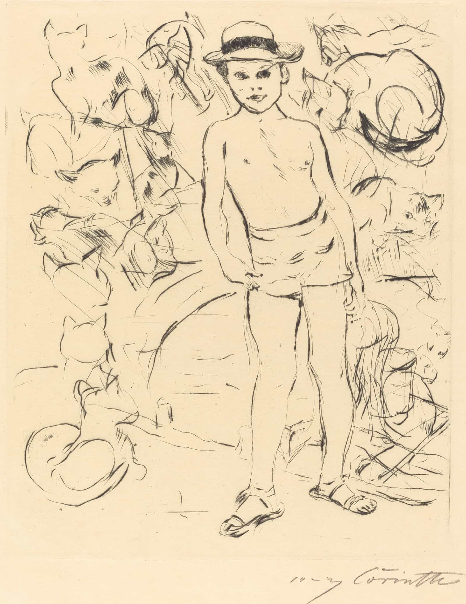 Boy Wearing Bathing Trunks And Straw Hat Knabe Mit Badehose Und Strohhut by Lovis Corinth