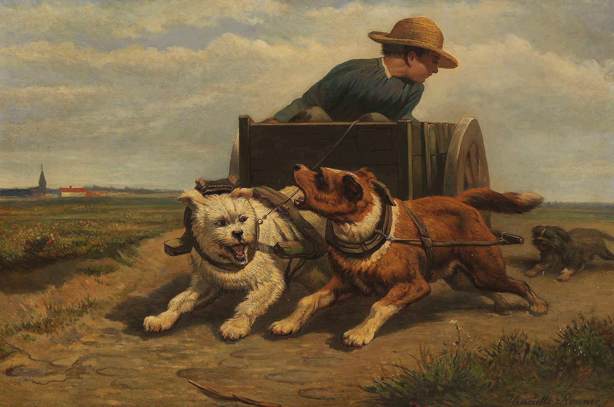 Boy With A Dog Cart Ca by Henriette Ronner Knip