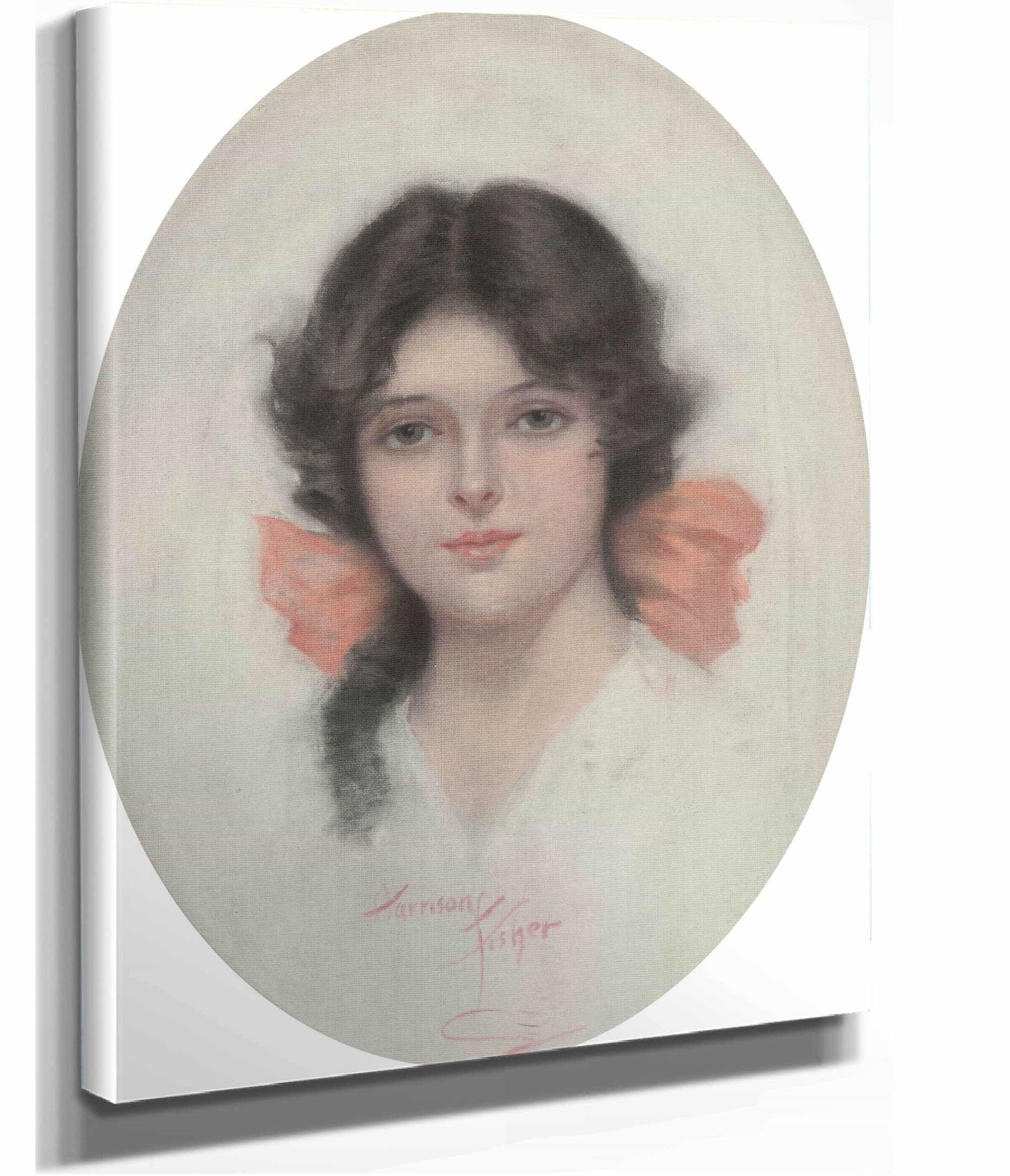 Brunette With Pink Bow by Harrison Fisher