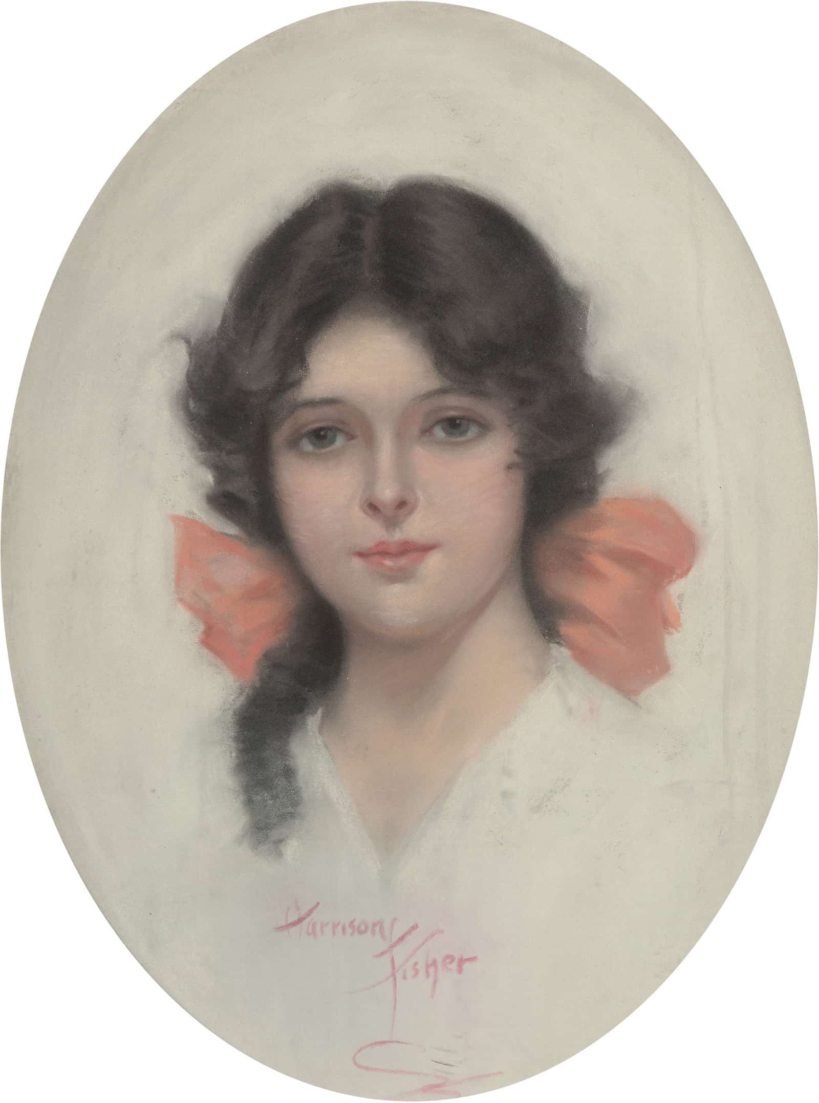 Brunette With Pink Bow by Harrison Fisher