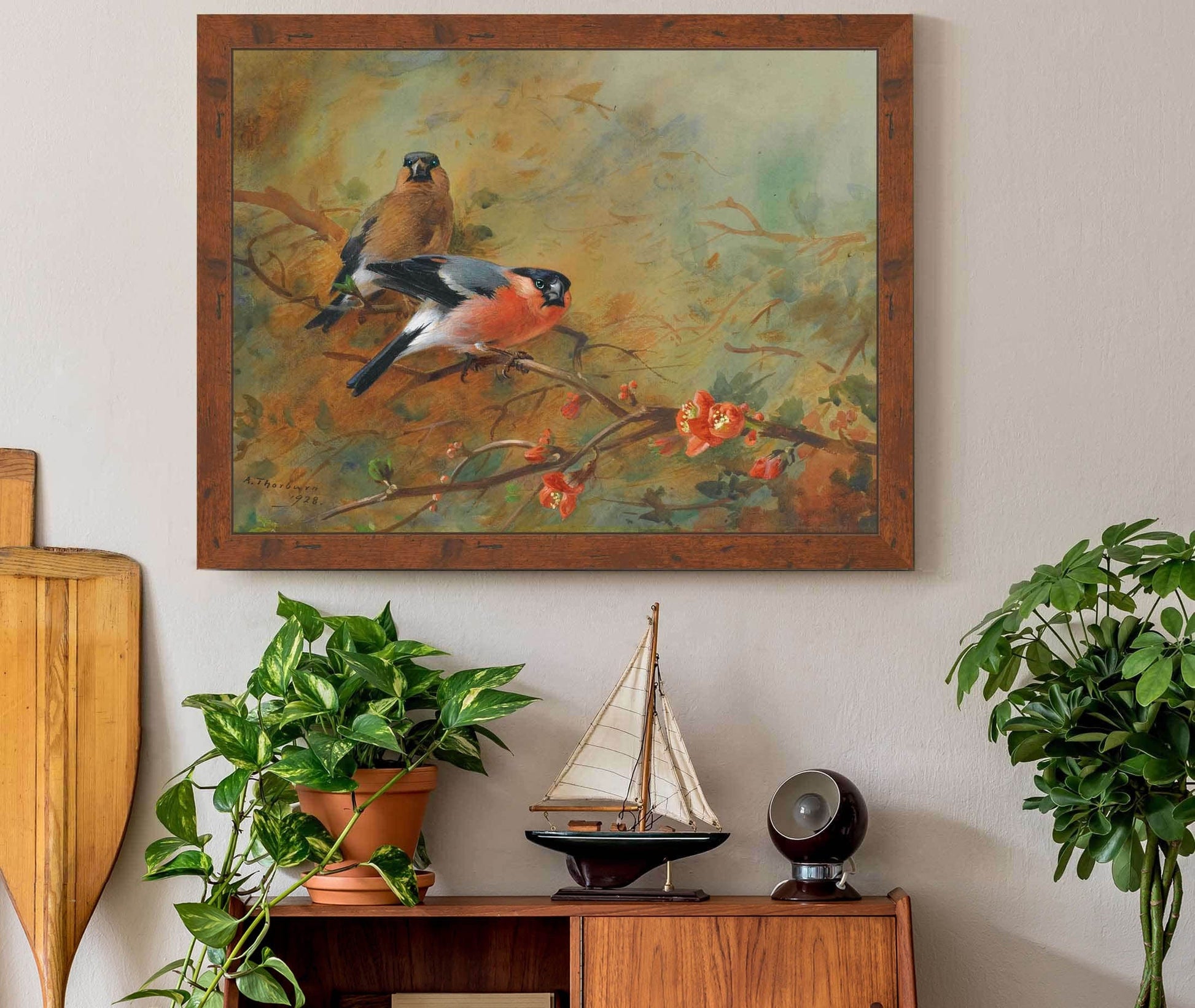 Bullfinches And Pyrus Japonica by Archibald Thorburn