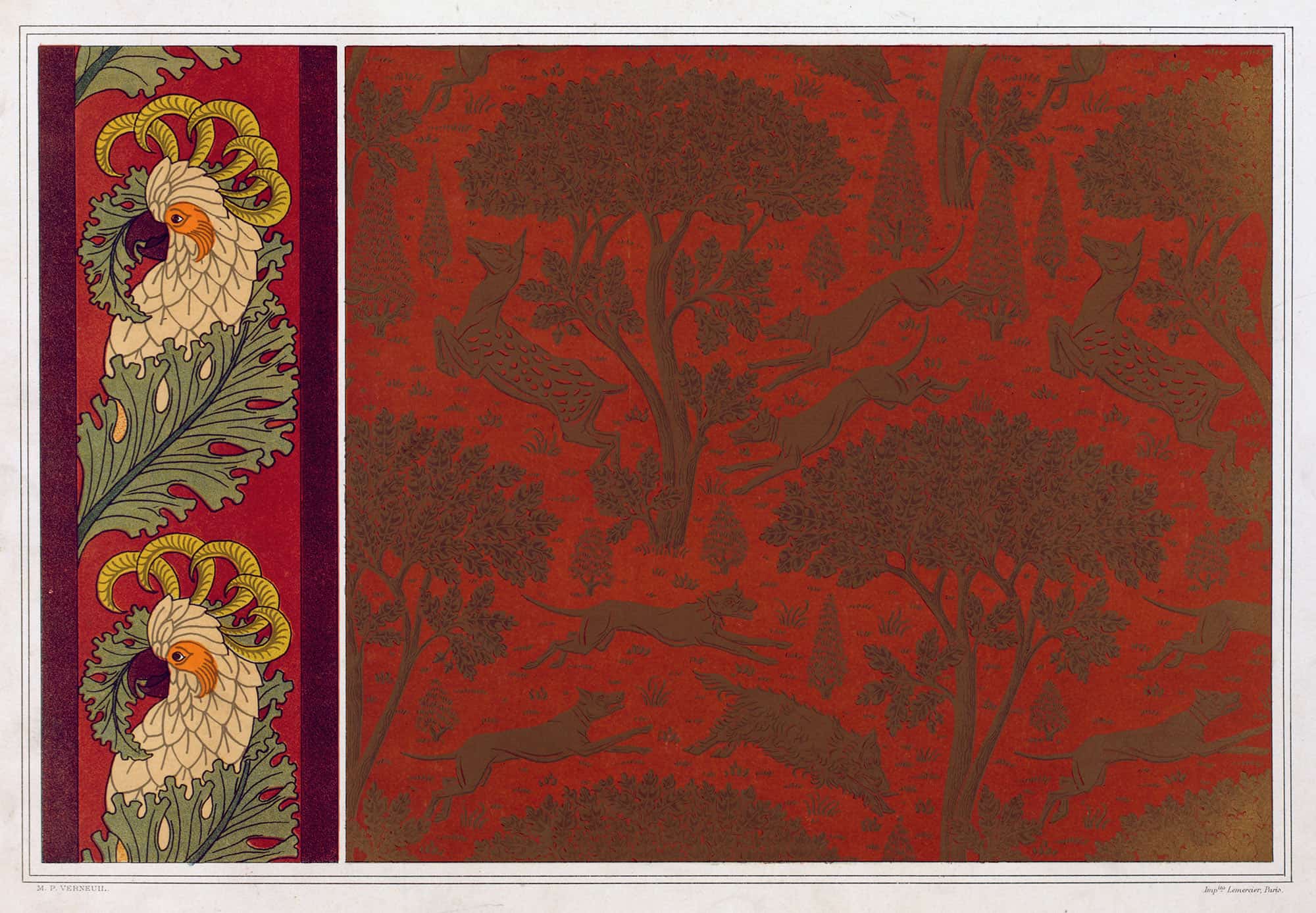Cacatoes Bordure Chiens Chevrettes Et Marcassins Cuir Gaufre Et Dore by Maurice Pillard Verneuil