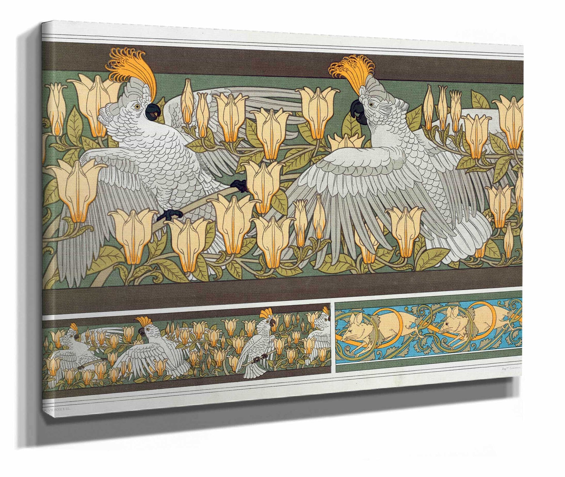 Cacatoes Et Magnolia Bordure Souris Blanches by Maurice Pillard Verneuil