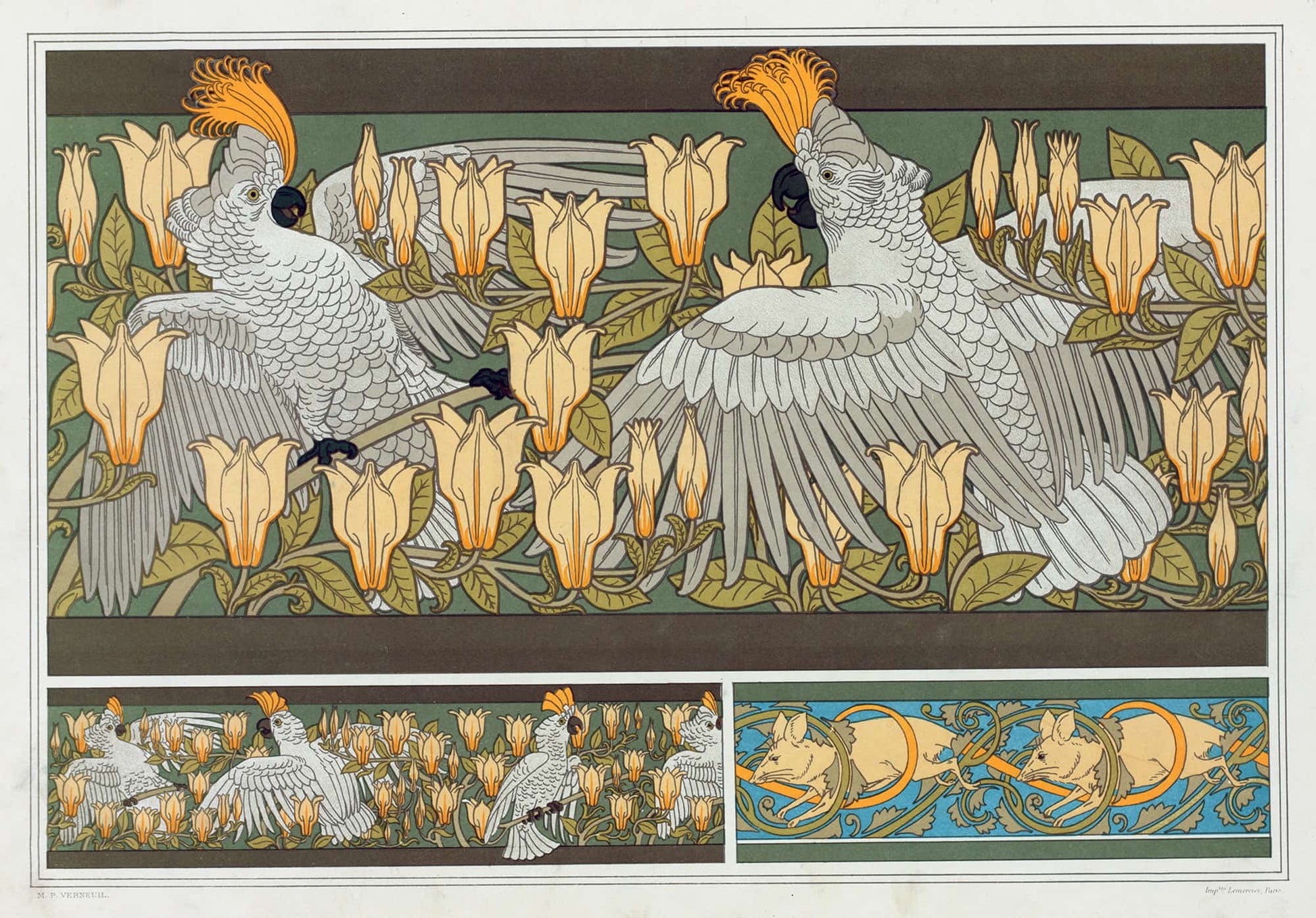 Cacatoes Et Magnolia Bordure Souris Blanches by Maurice Pillard Verneuil